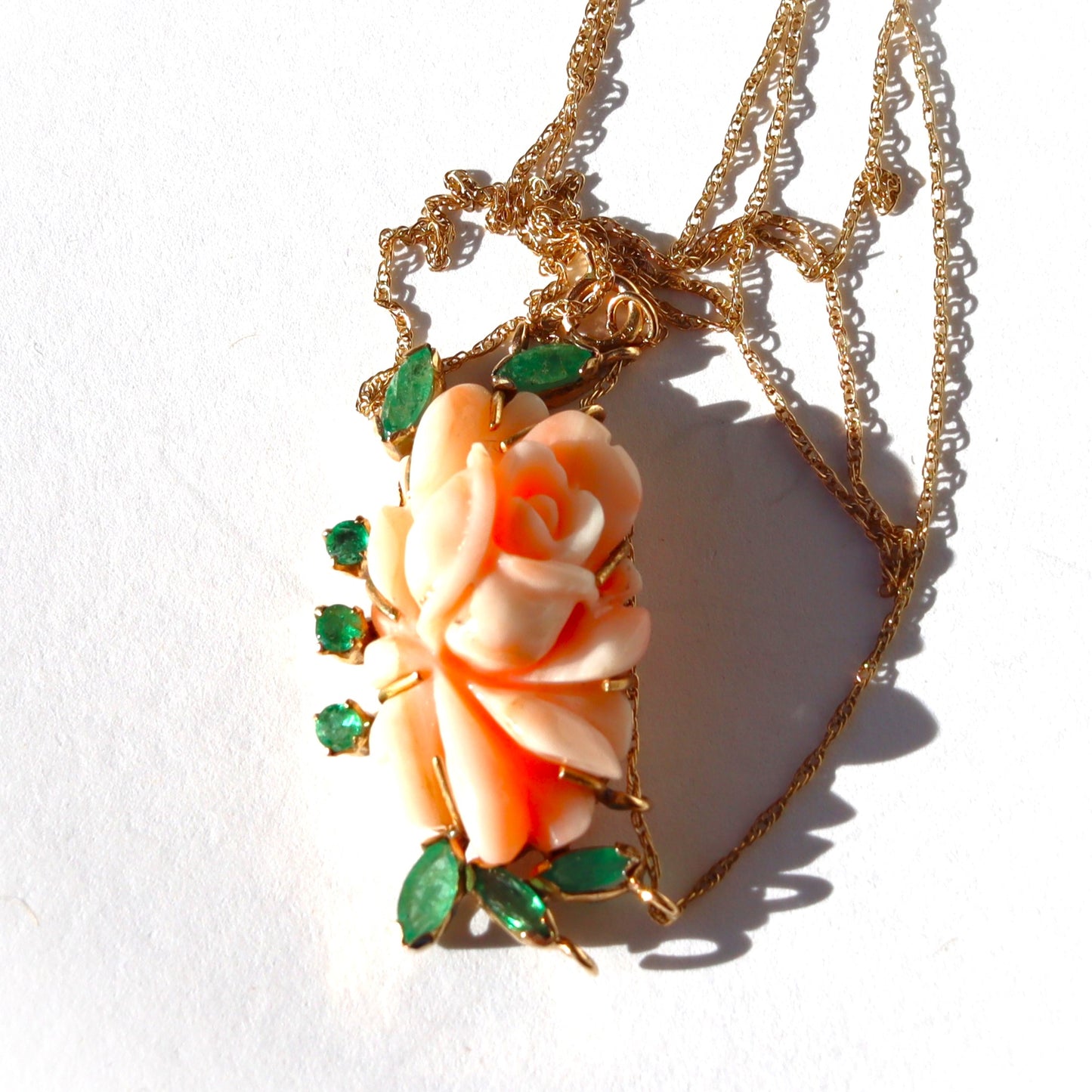 Vintage 14k Gold Hand Carved Angel Skin Coral Rose Pendant with Marquis and Round Cut Emeralds
