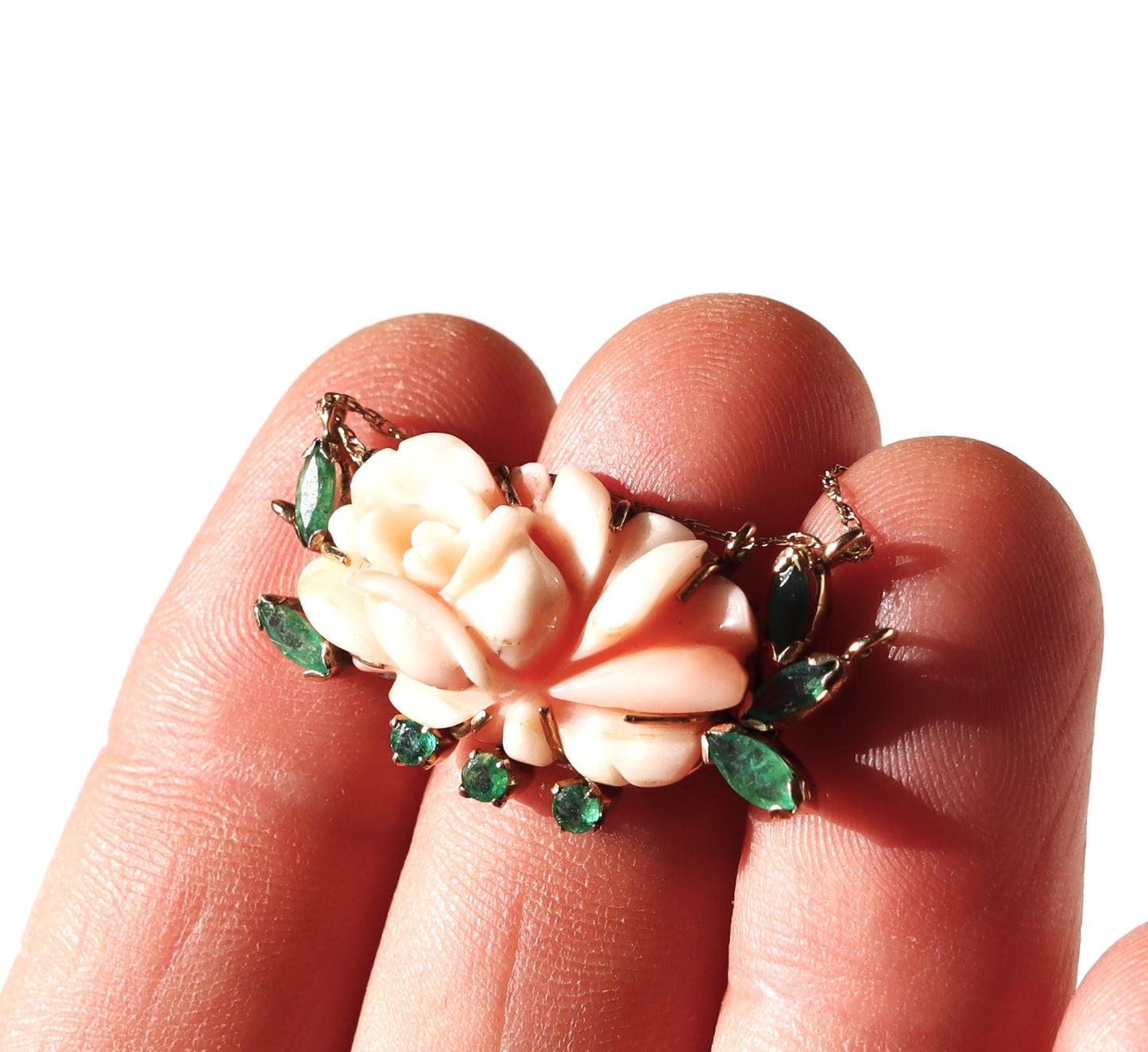 Vintage 14k Gold Hand Carved Angel Skin Coral Rose Pendant with Marquis and Round Cut Emeralds