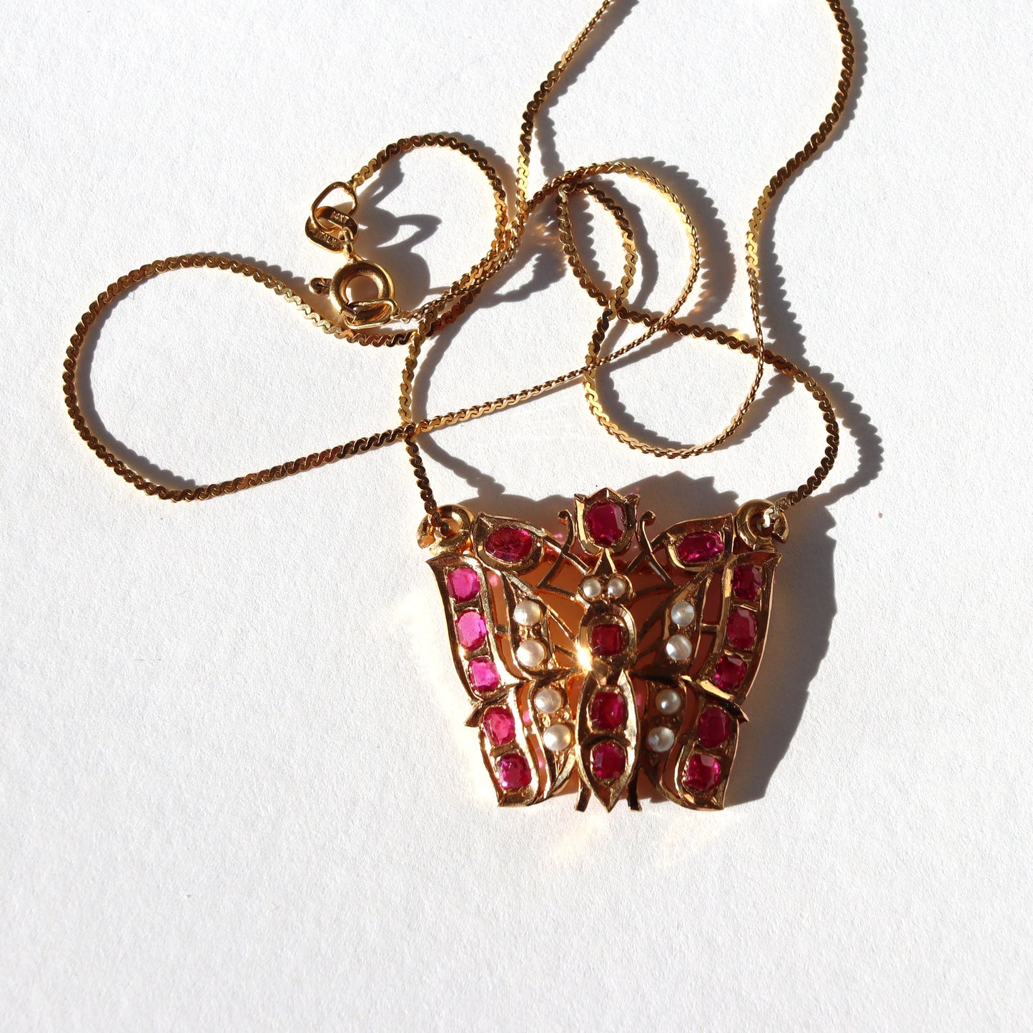 Vintage Hand Crafted 14k Gold Ruby and Seed Pearl Butterfly Pendant - Italian 14k Chain