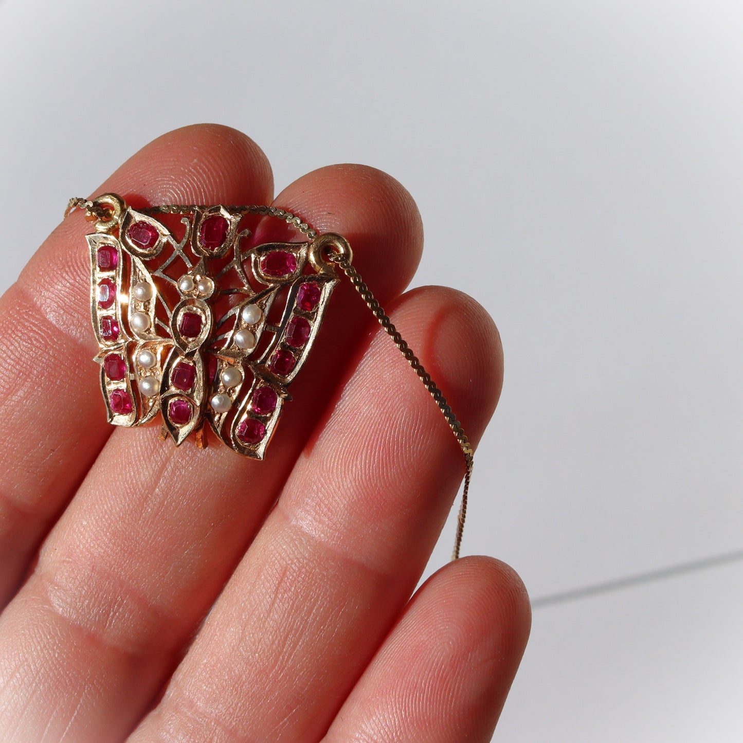 Vintage Hand Crafted 14k Gold Ruby and Seed Pearl Butterfly Pendant - Italian 14k Chain