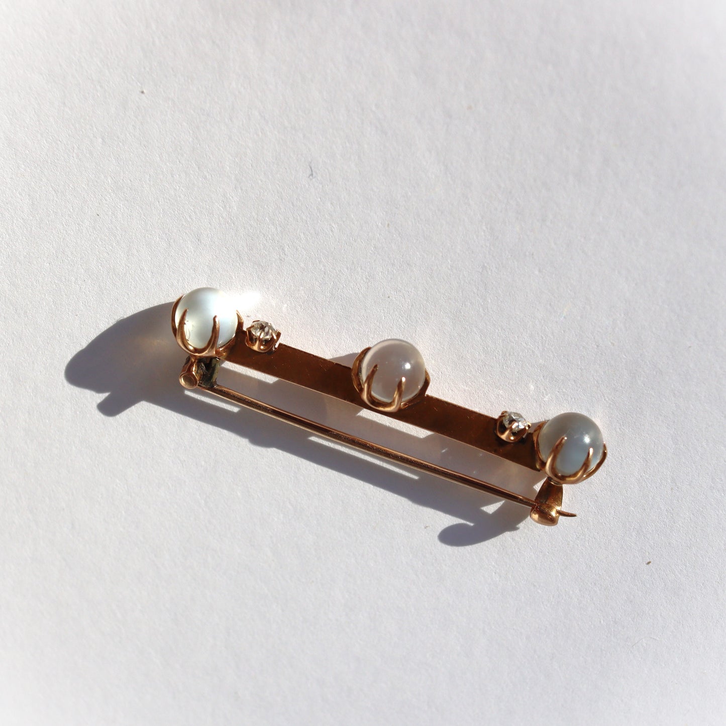 Edwardian Yellow Gold Moonstone Diamond Bar Brooch c1910