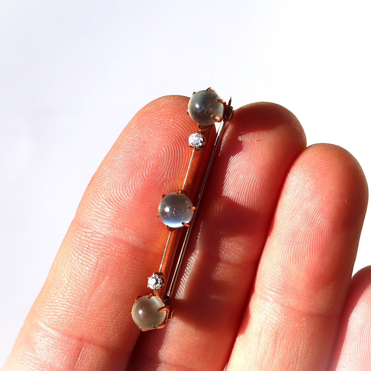 Edwardian Yellow Gold Moonstone Diamond Bar Brooch c1910