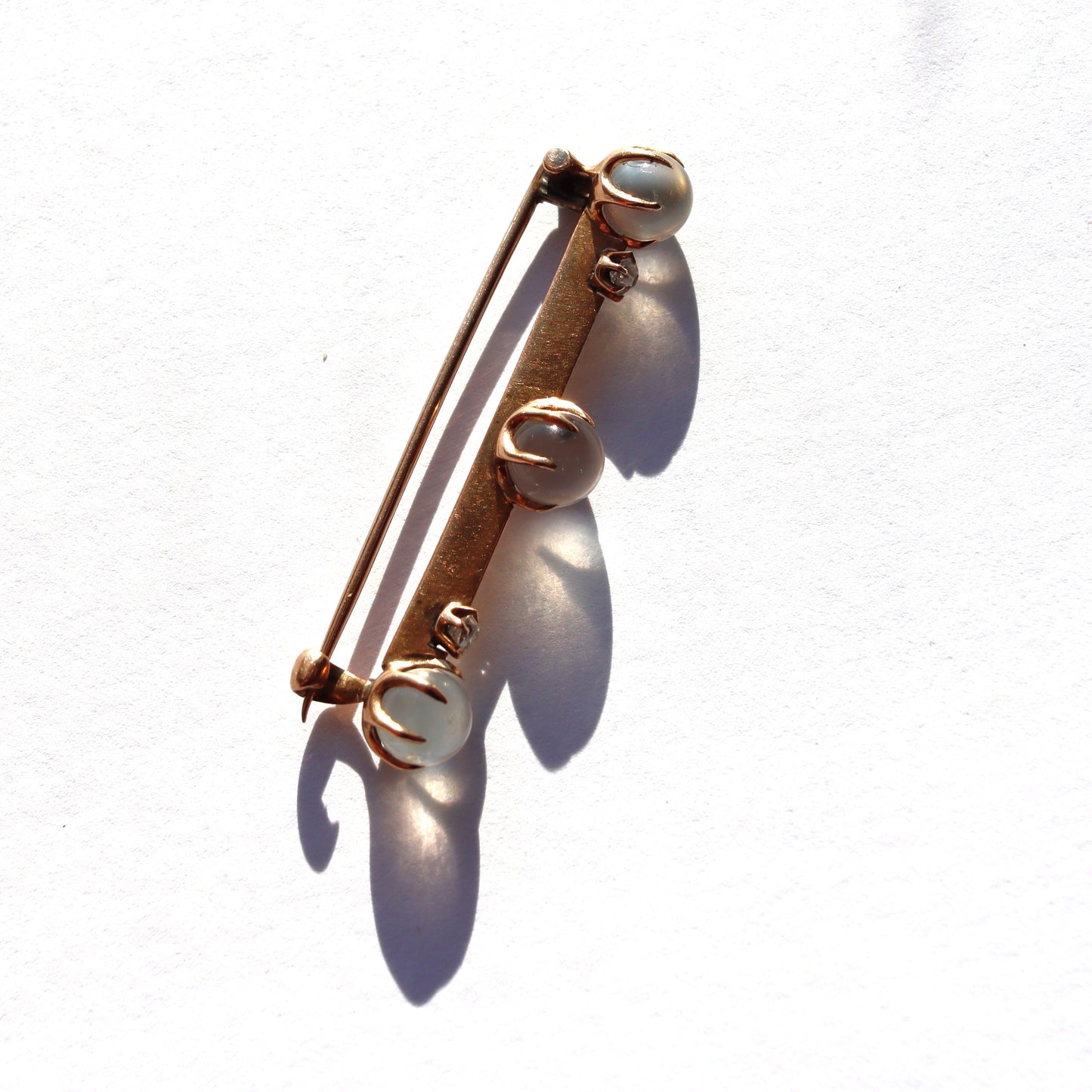 Edwardian Yellow Gold Moonstone Diamond Bar Brooch c1910