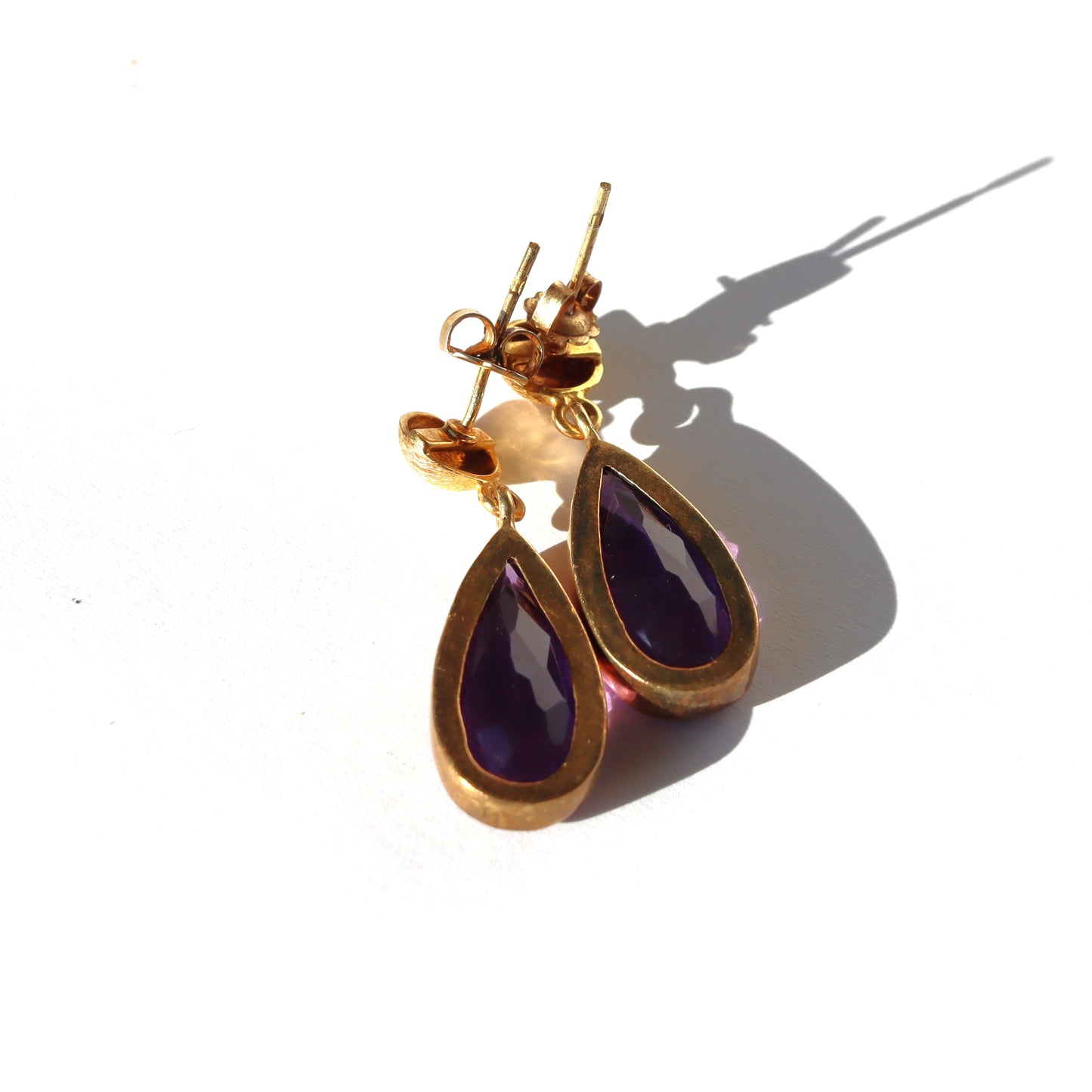 Mid Century 14k Yellow Gold 10ct Amethyst Pear Drop Pendant Earrings