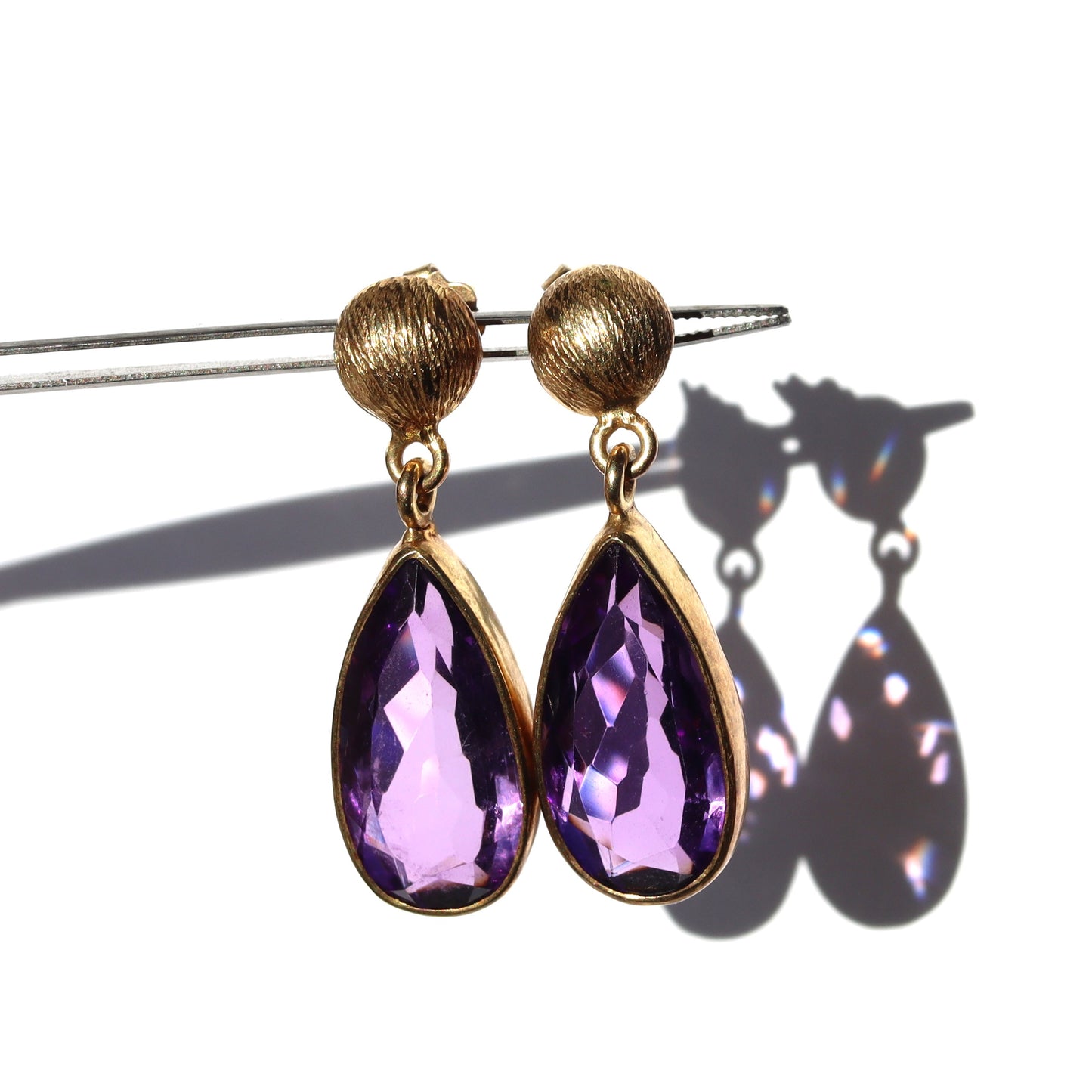 Mid Century 14k Yellow Gold 10ct Amethyst Pear Drop Pendant Earrings