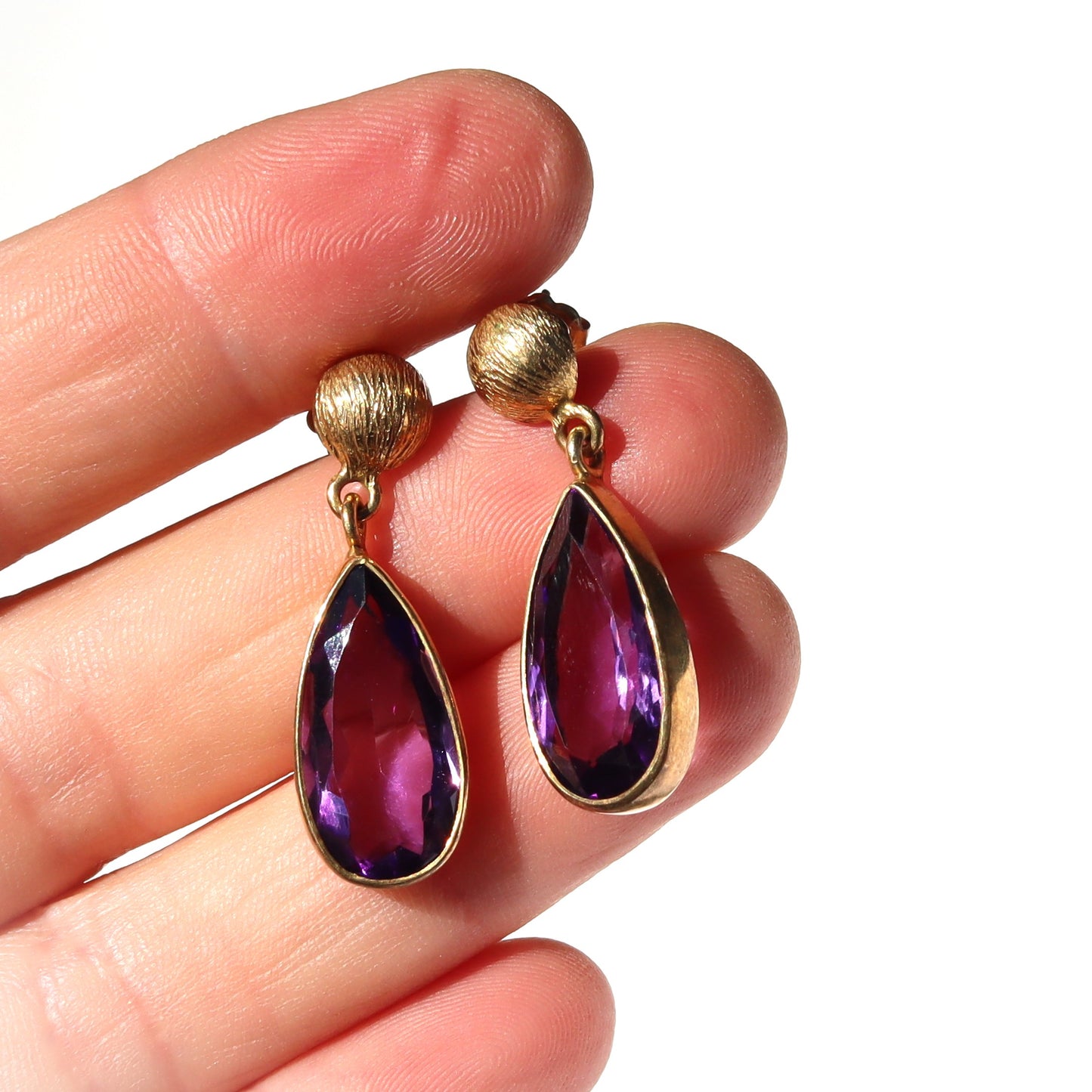 Mid Century 14k Yellow Gold 10ct Amethyst Pear Drop Pendant Earrings