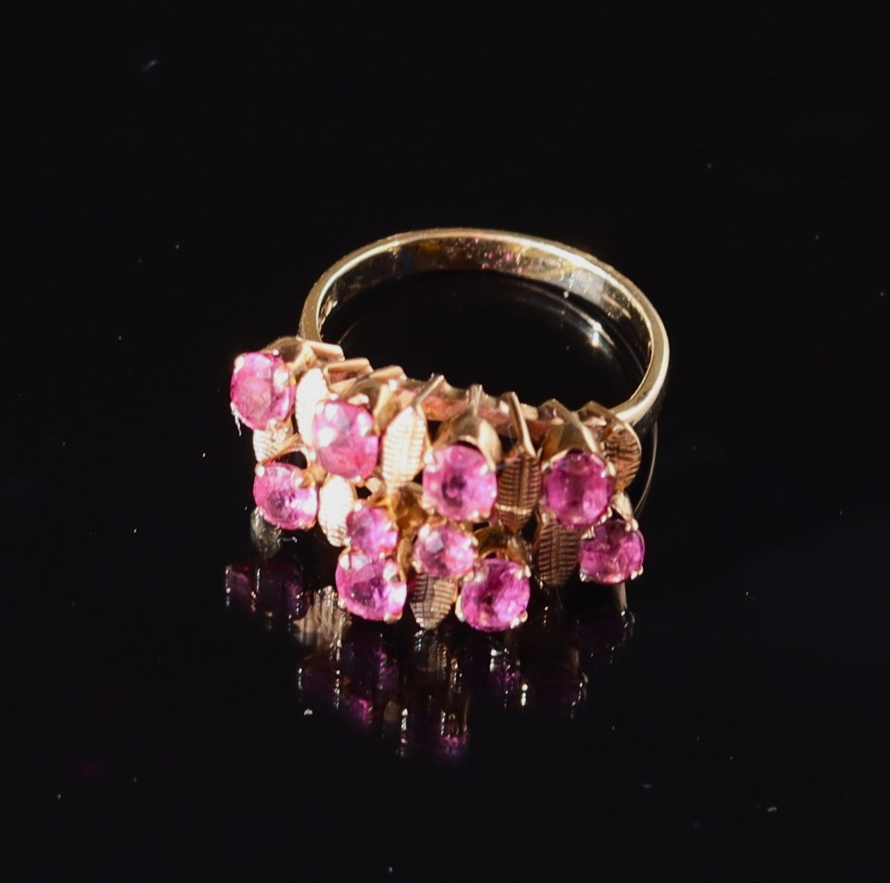 Mid Century Modern 14k Gold 1970's Ruby Cluster Statement Cocktail Ring sz 5.25