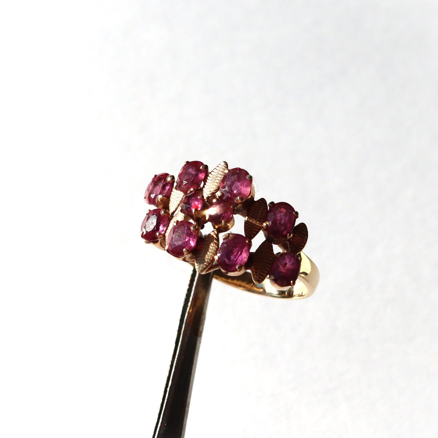 Mid Century Modern 14k Gold 1970's Ruby Cluster Statement Cocktail Ring sz 5.25