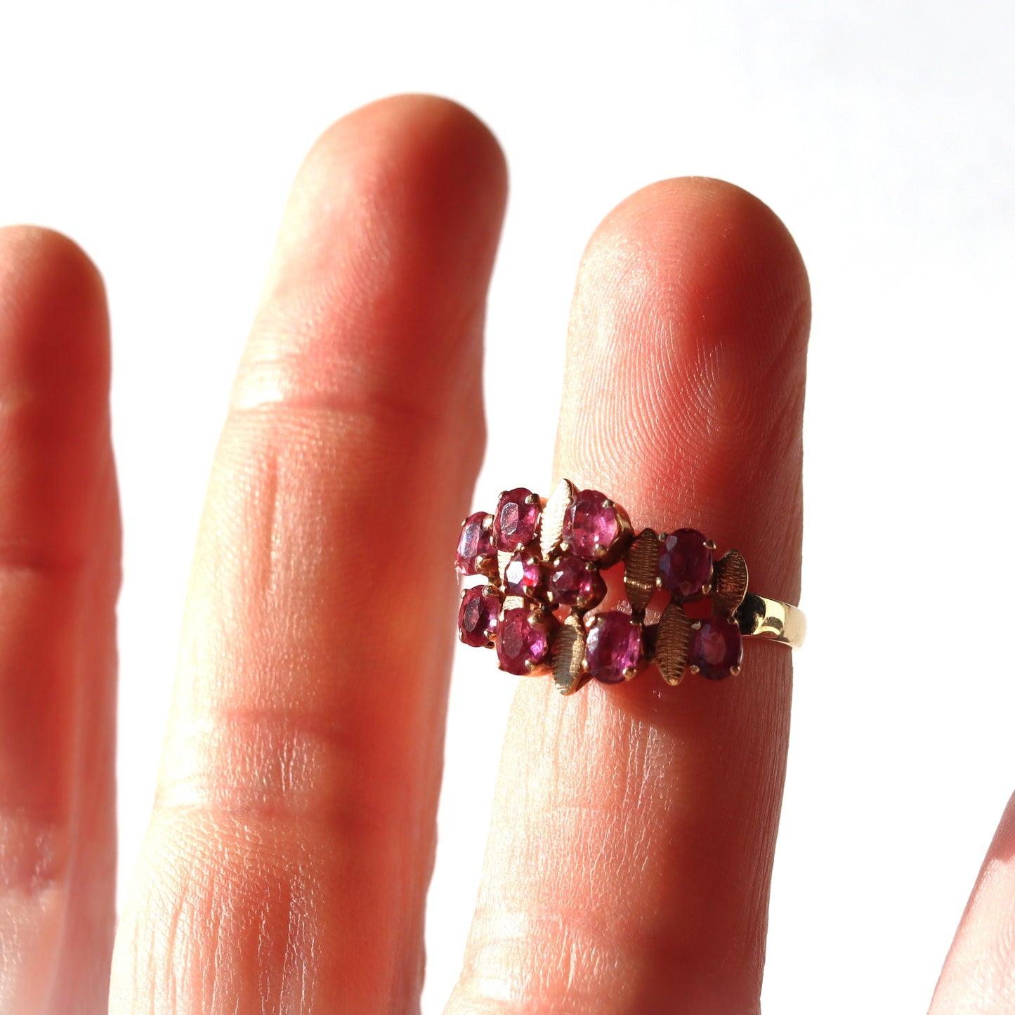 Mid Century Modern 14k Gold 1970's Ruby Cluster Statement Cocktail Ring sz 5.25