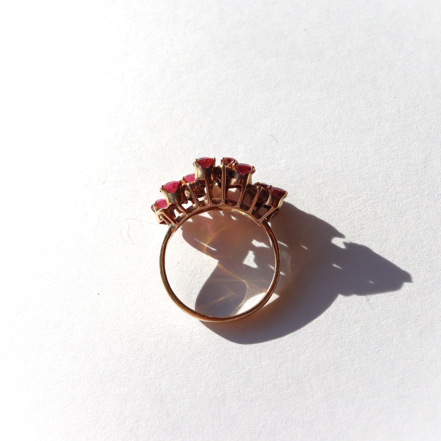 Mid Century Modern 14k Gold 1970's Ruby Cluster Statement Cocktail Ring sz 5.25