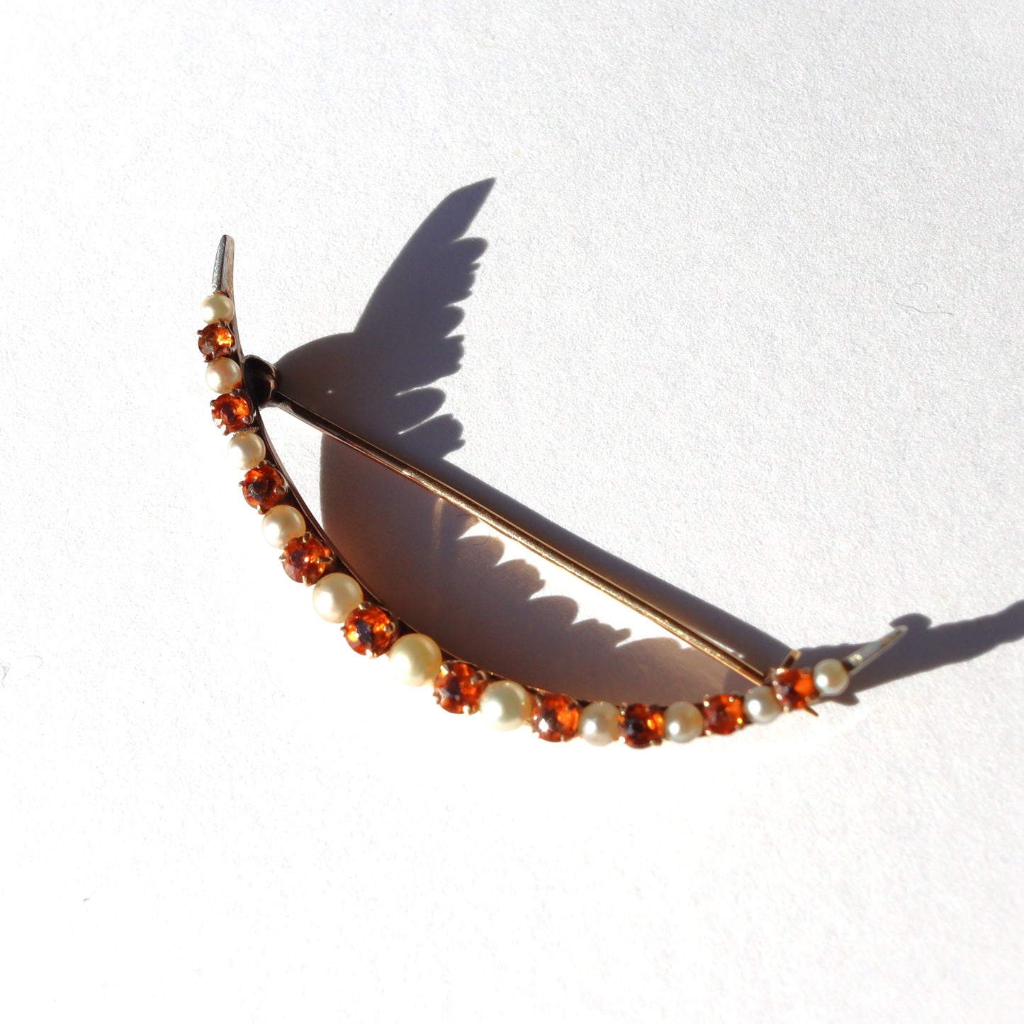 Edwardian 14k Yellow Gold Citrine Seed Pearl Graduated Crescent Brooch c1910