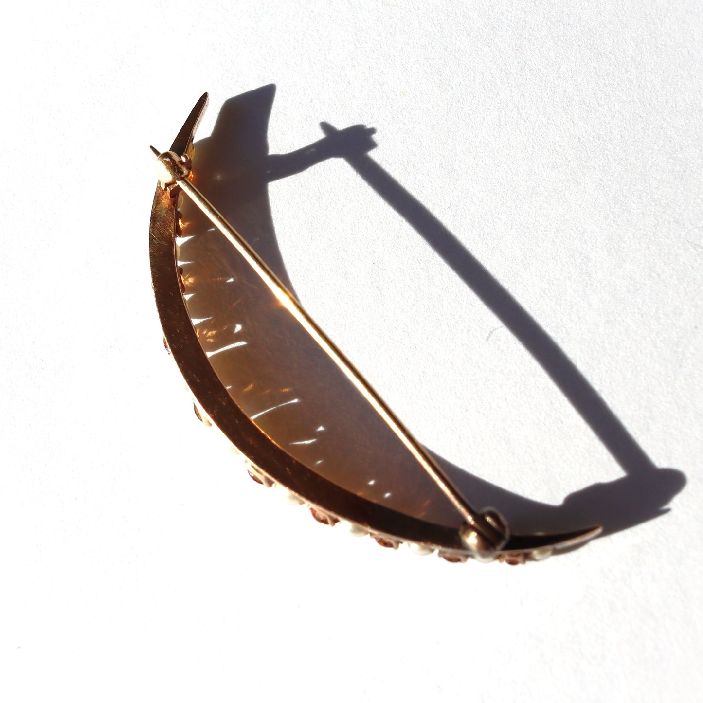 Edwardian 14k Yellow Gold Citrine Seed Pearl Graduated Crescent Brooch c1910