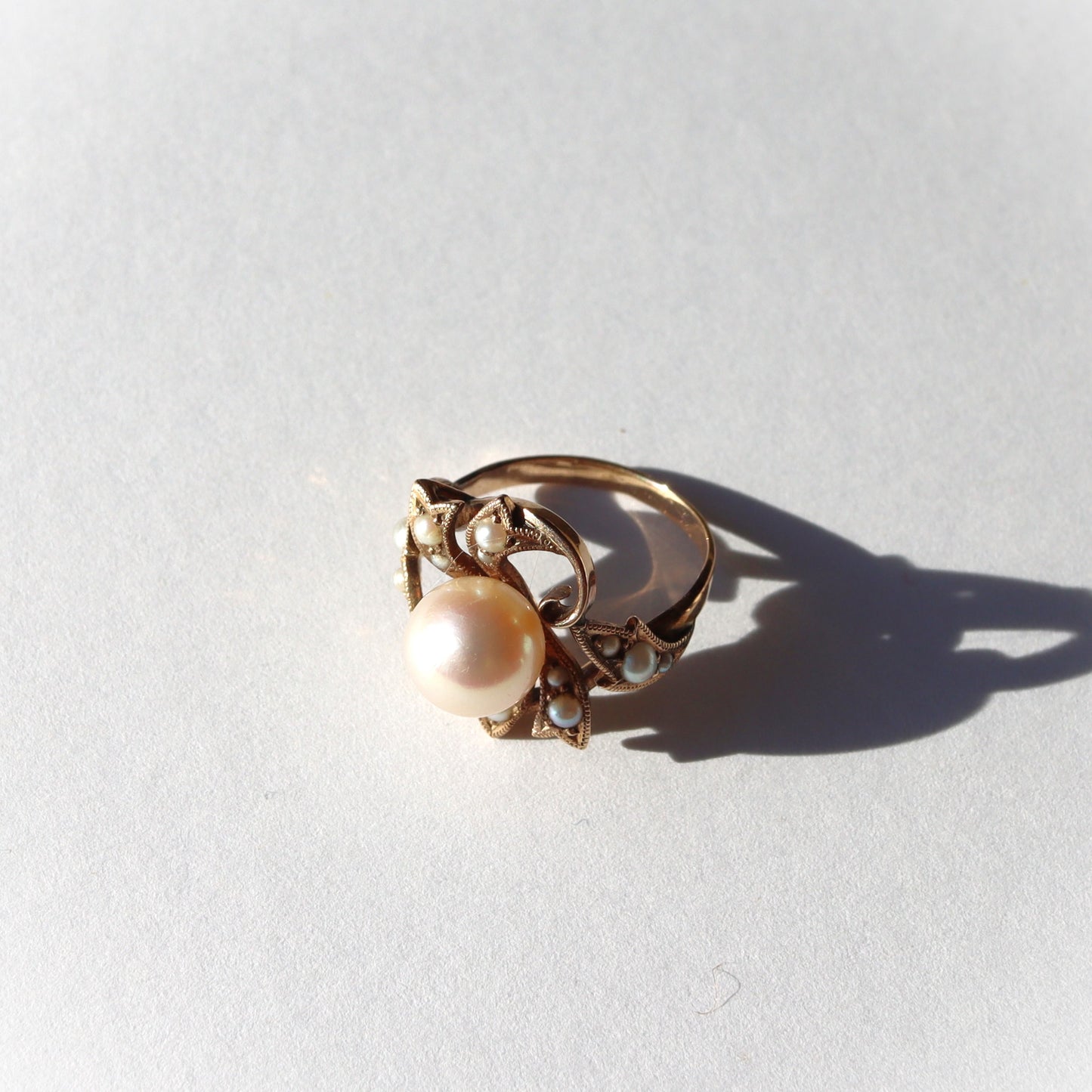 Antique 14k Yellow Gold 7.5mm Cultured Pearl Seed Pearl Vine Leaf Motif Set Ring sz3.75