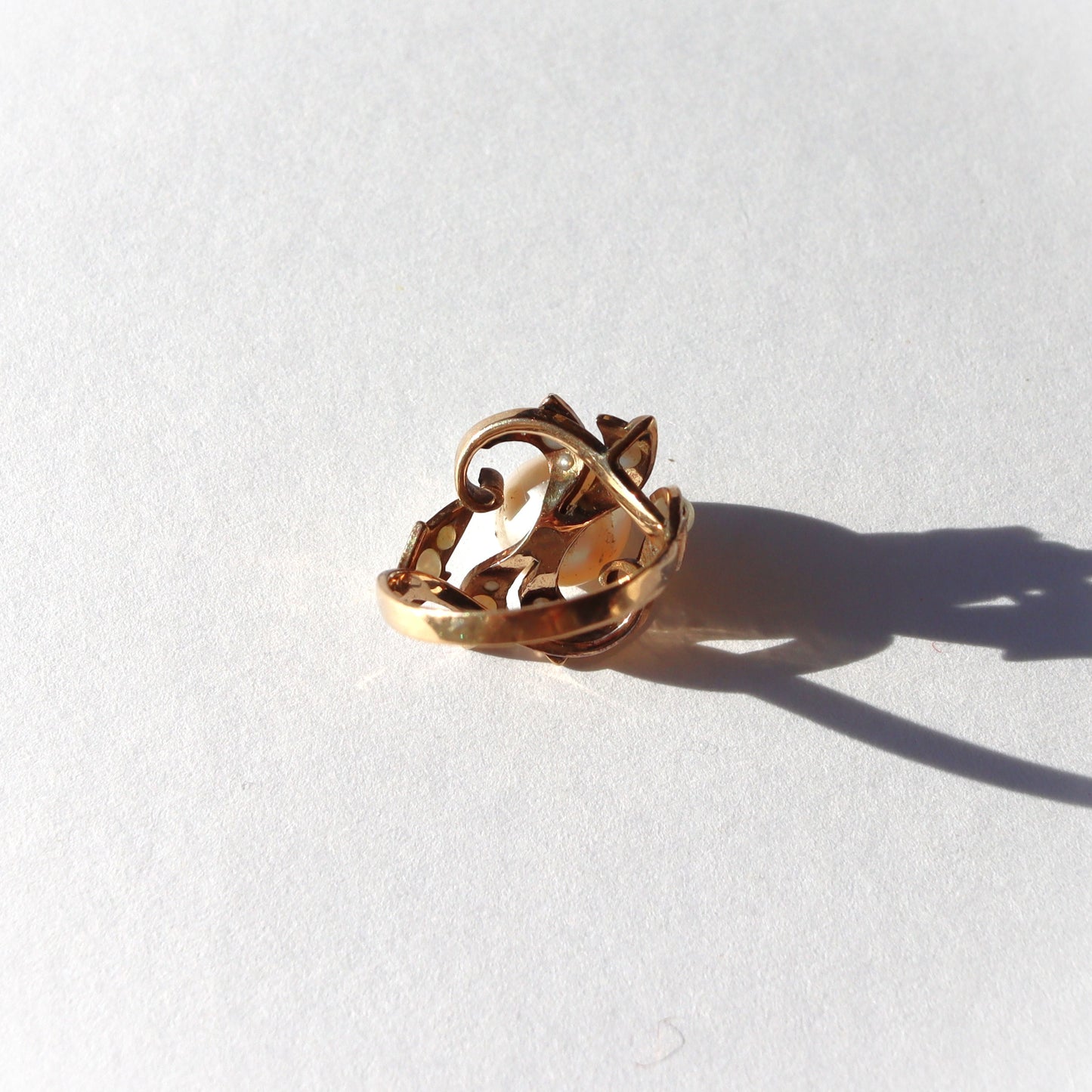 Antique 14k Yellow Gold 7.5mm Cultured Pearl Seed Pearl Vine Leaf Motif Set Ring sz3.75