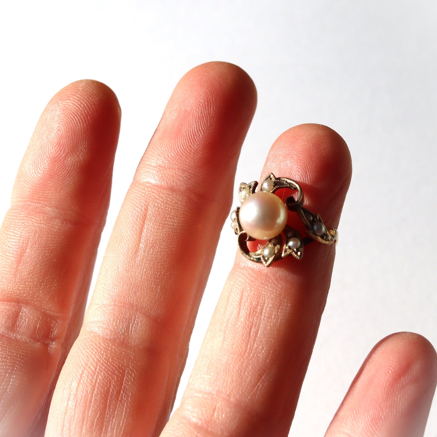 Antique 14k Yellow Gold 7.5mm Cultured Pearl Seed Pearl Vine Leaf Motif Set Ring sz3.75