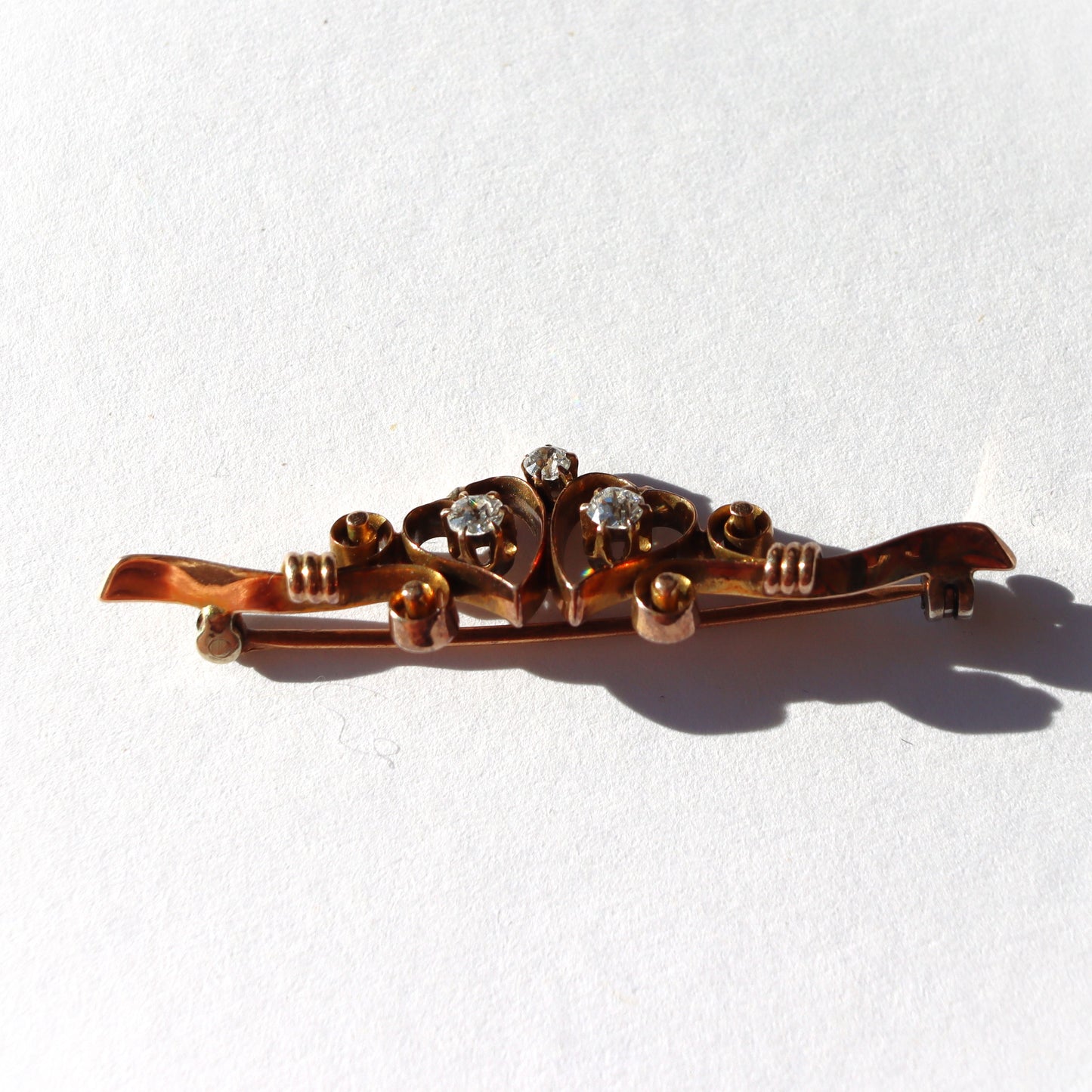 Edwardian Two Heart Love 10-14k Gold c1910-20 Diamond Bar Brooch