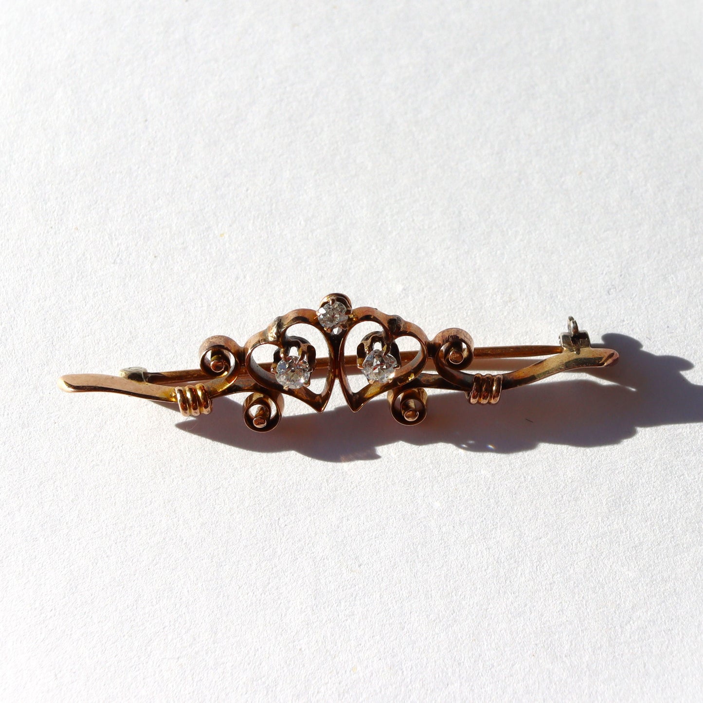 Edwardian Two Heart Love 10-14k Gold c1910-20 Diamond Bar Brooch