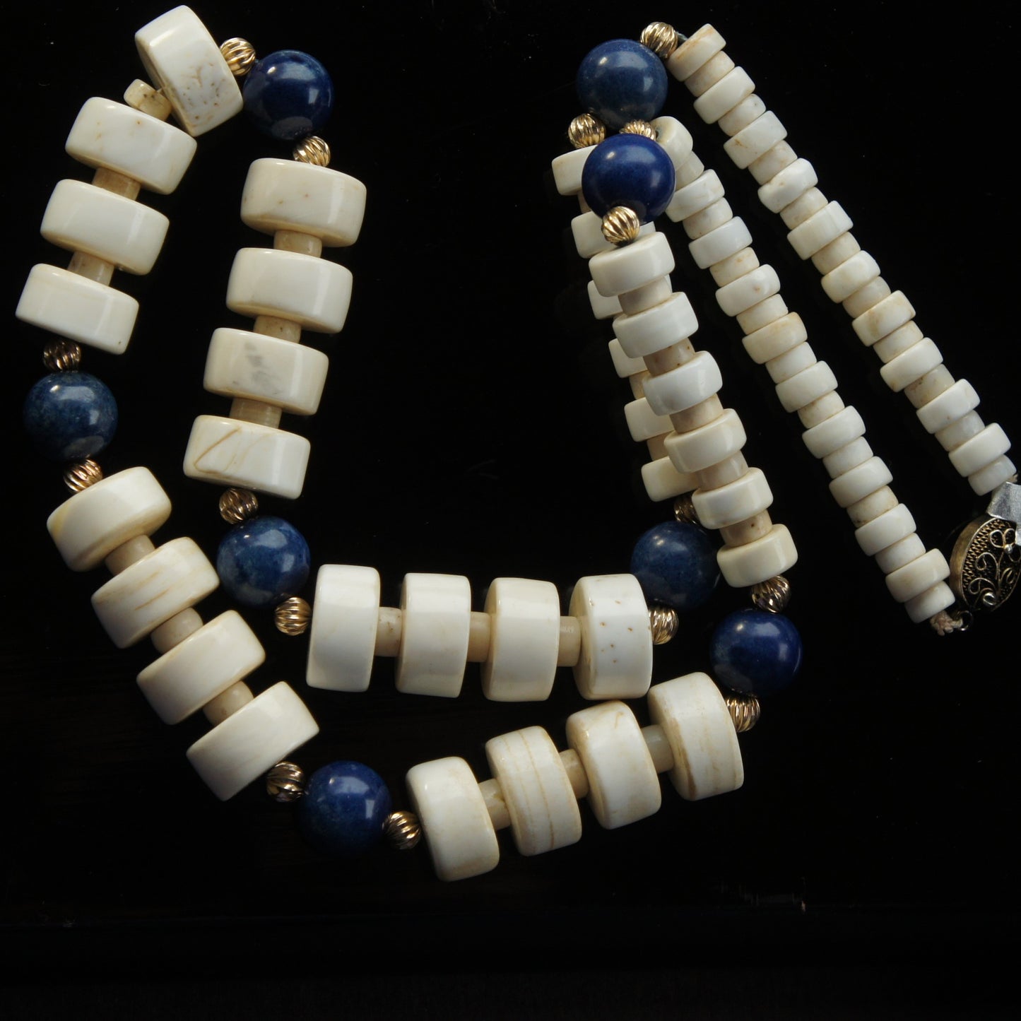 Estate Chinese Lapis Lazuli 10k Gold Graduated Carved Bead Necklace c1950-80