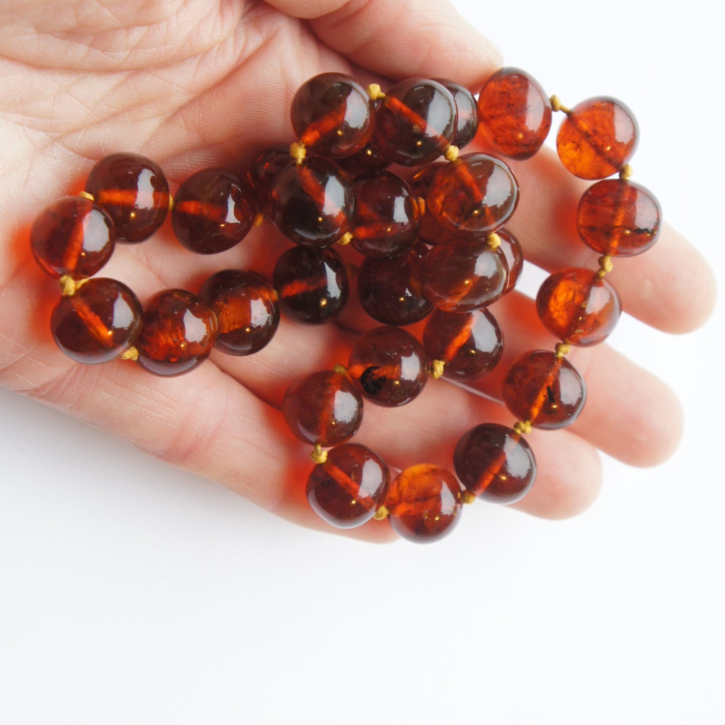 Art Deco Natural Cognac Baltic Amber Rough Polished Round 18" Bead Necklace