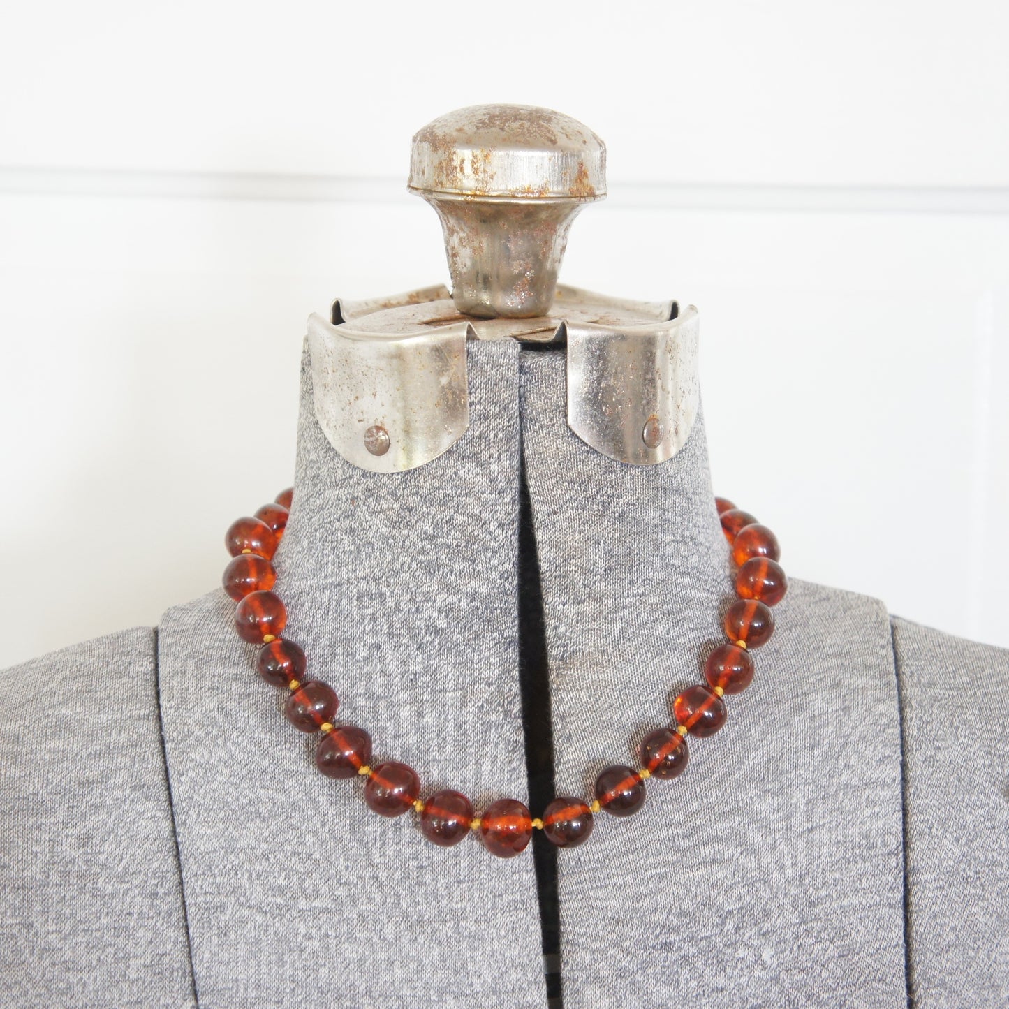 Art Deco Natural Cognac Baltic Amber Rough Polished Round 18" Bead Necklace