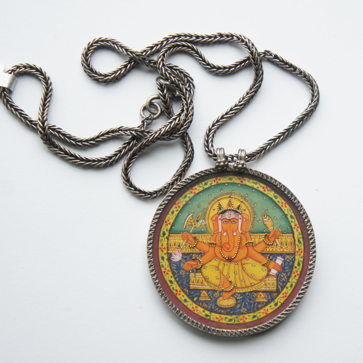 Antique India Ganesha Repousse Silver Hand Painted Amulet Pendant Necklace Medallion