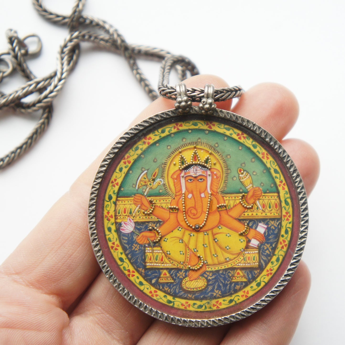 Antique India Ganesha Repousse Silver Hand Painted Amulet Pendant Necklace Medallion