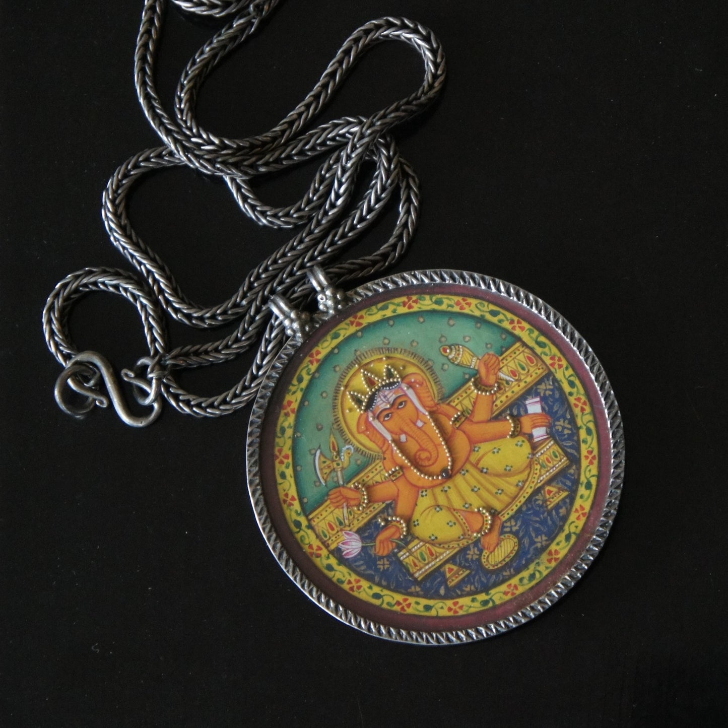 Antique India Ganesha Repousse Silver Hand Painted Amulet Pendant Necklace Medallion