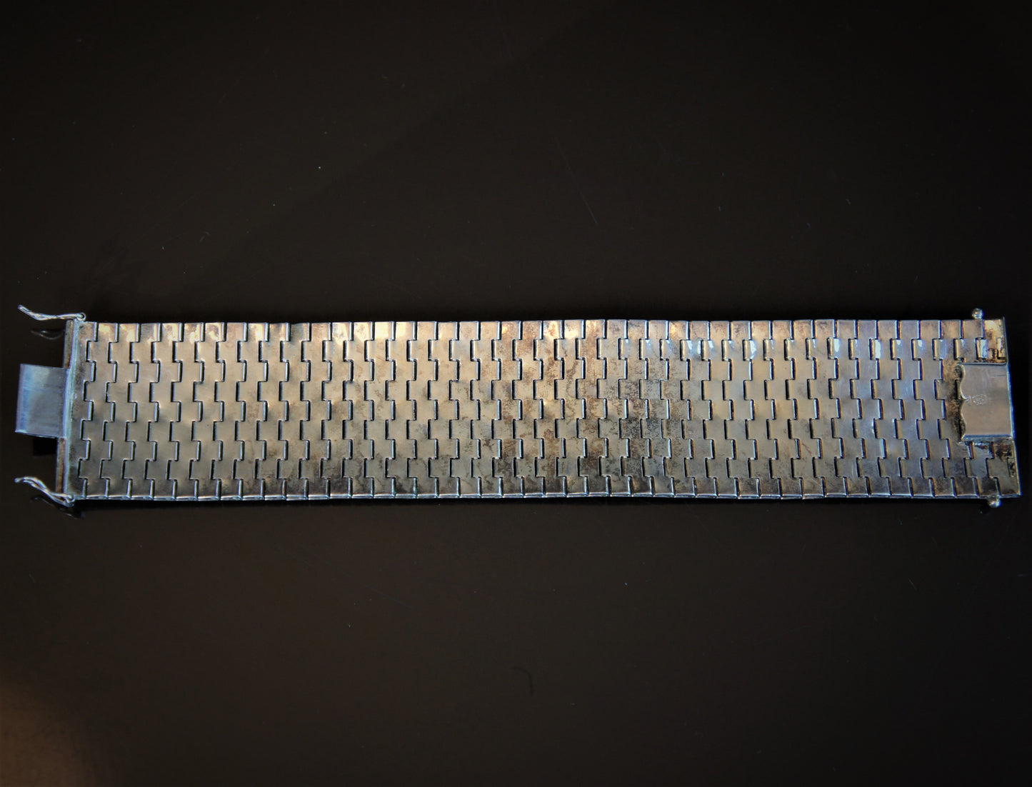 Mid Century Sterling Silver Woven steel Engraved Florentine Vermeil Finish Modern Cuff Bracelet