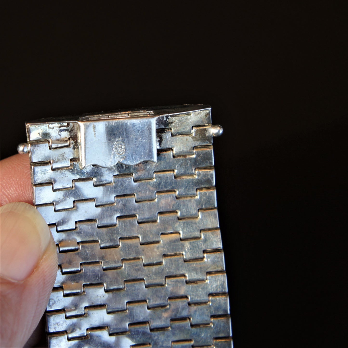 Mid Century Sterling Silver Woven steel Engraved Florentine Vermeil Finish Modern Cuff Bracelet