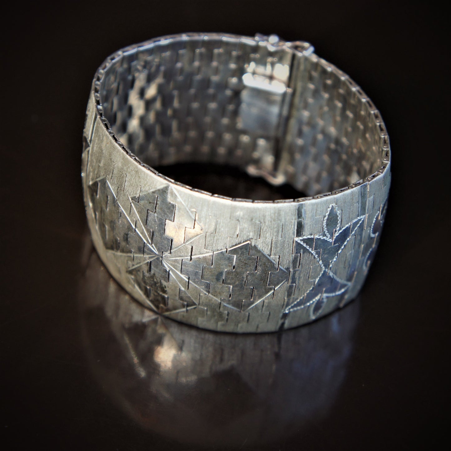 Mid Century Sterling Silver Woven steel Engraved Florentine Vermeil Finish Modern Cuff Bracelet