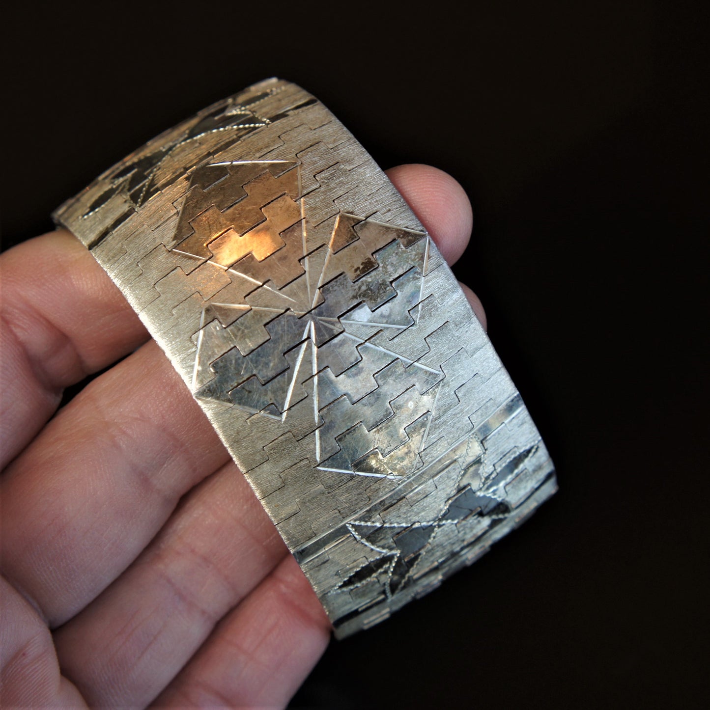 Mid Century Sterling Silver Woven steel Engraved Florentine Vermeil Finish Modern Cuff Bracelet