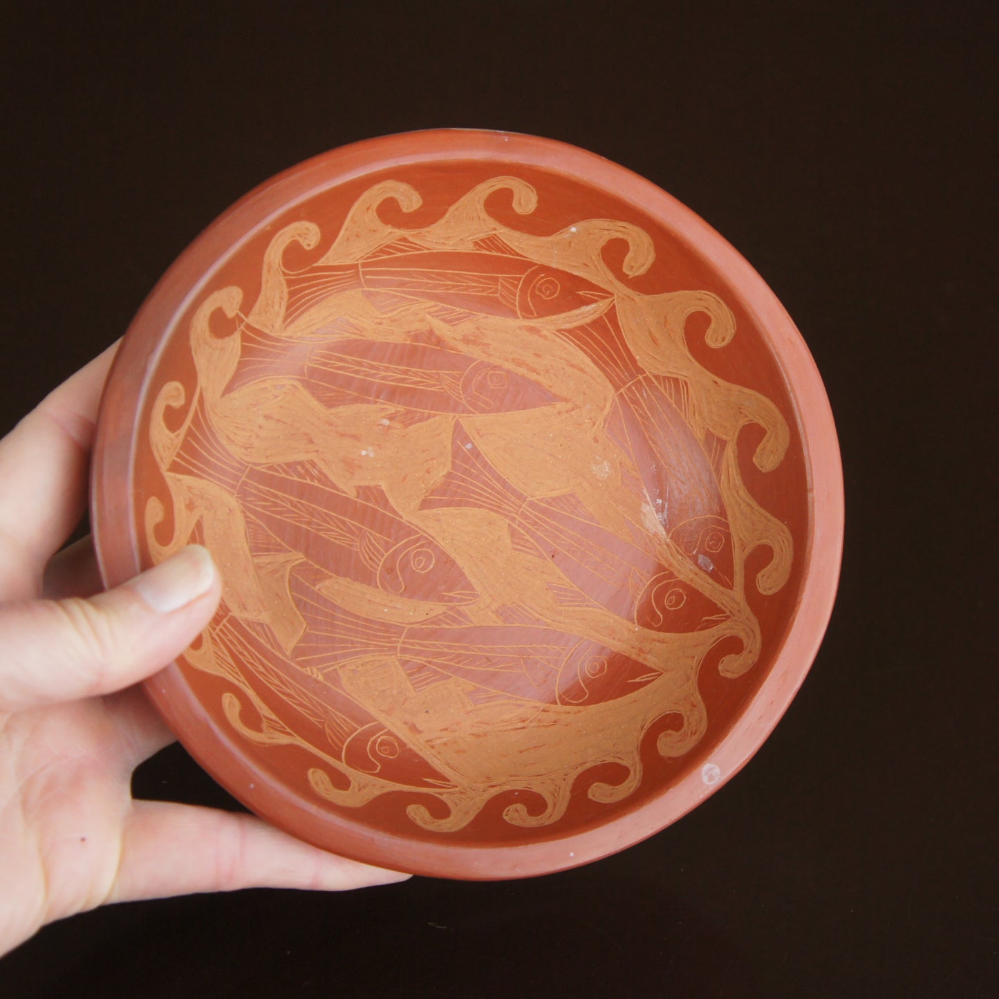 Vintage Nicholas Fabian Signed Purepecha style Fish Motif Bowl Michoacan Mexico