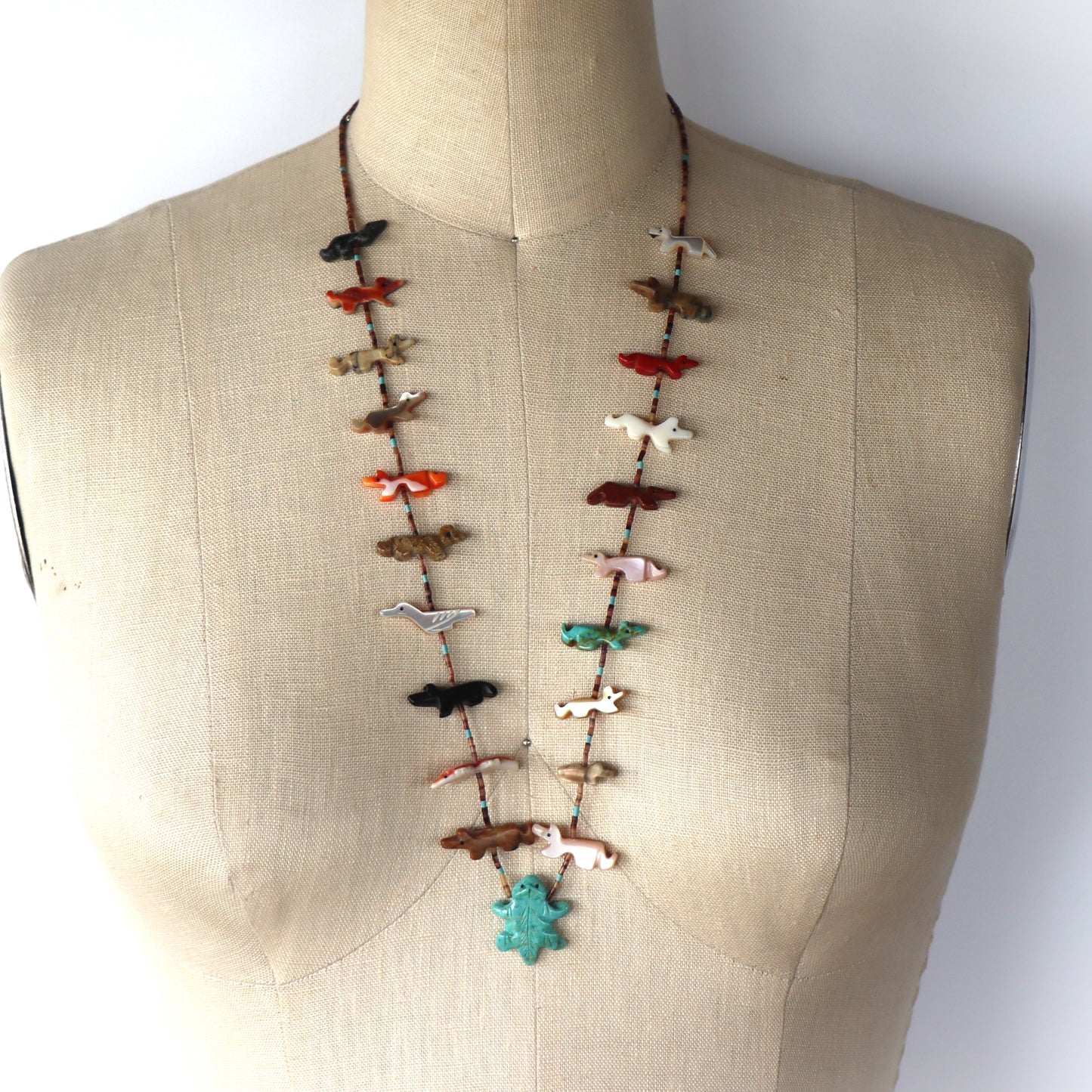 Zuni Hand Carved Multi Stone Fetish Heishi Olive Shell Turquoise Bead Necklace