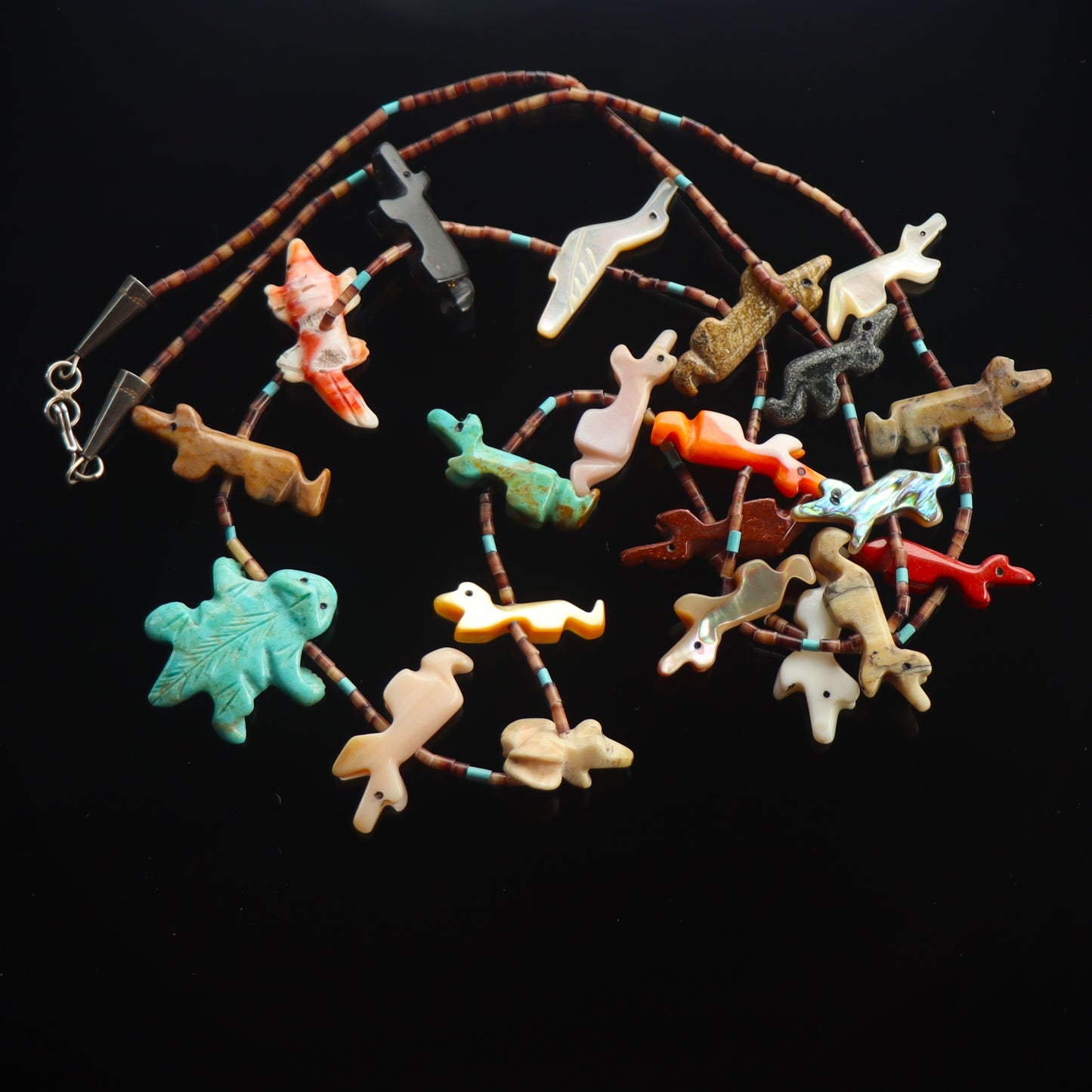 Zuni Hand Carved Multi Stone Fetish Heishi Olive Shell Turquoise Bead Necklace