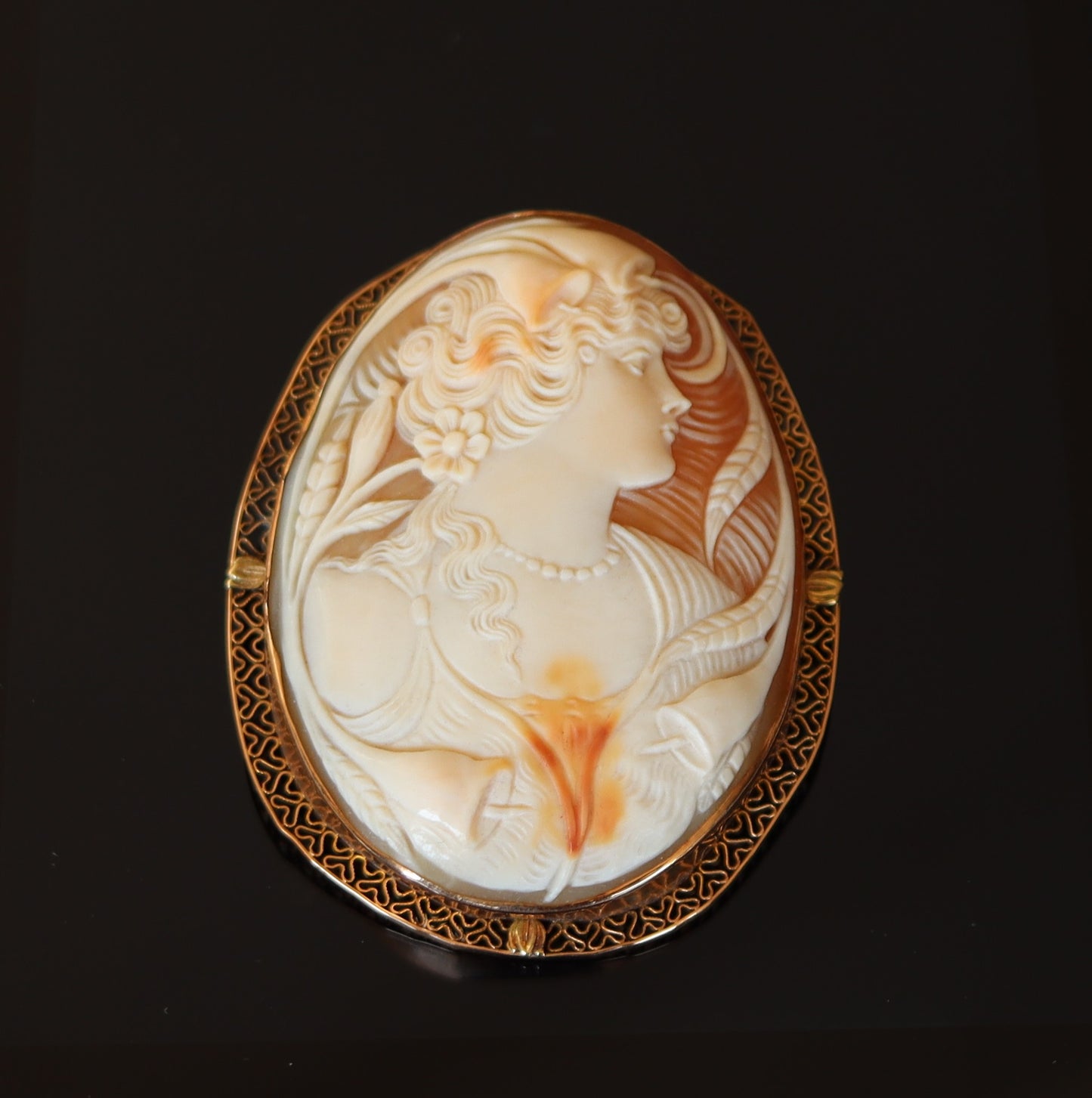 Oversize Art Nouveau 14k Gold Three Color Level Lily Flora Cameo Pendant Brooch