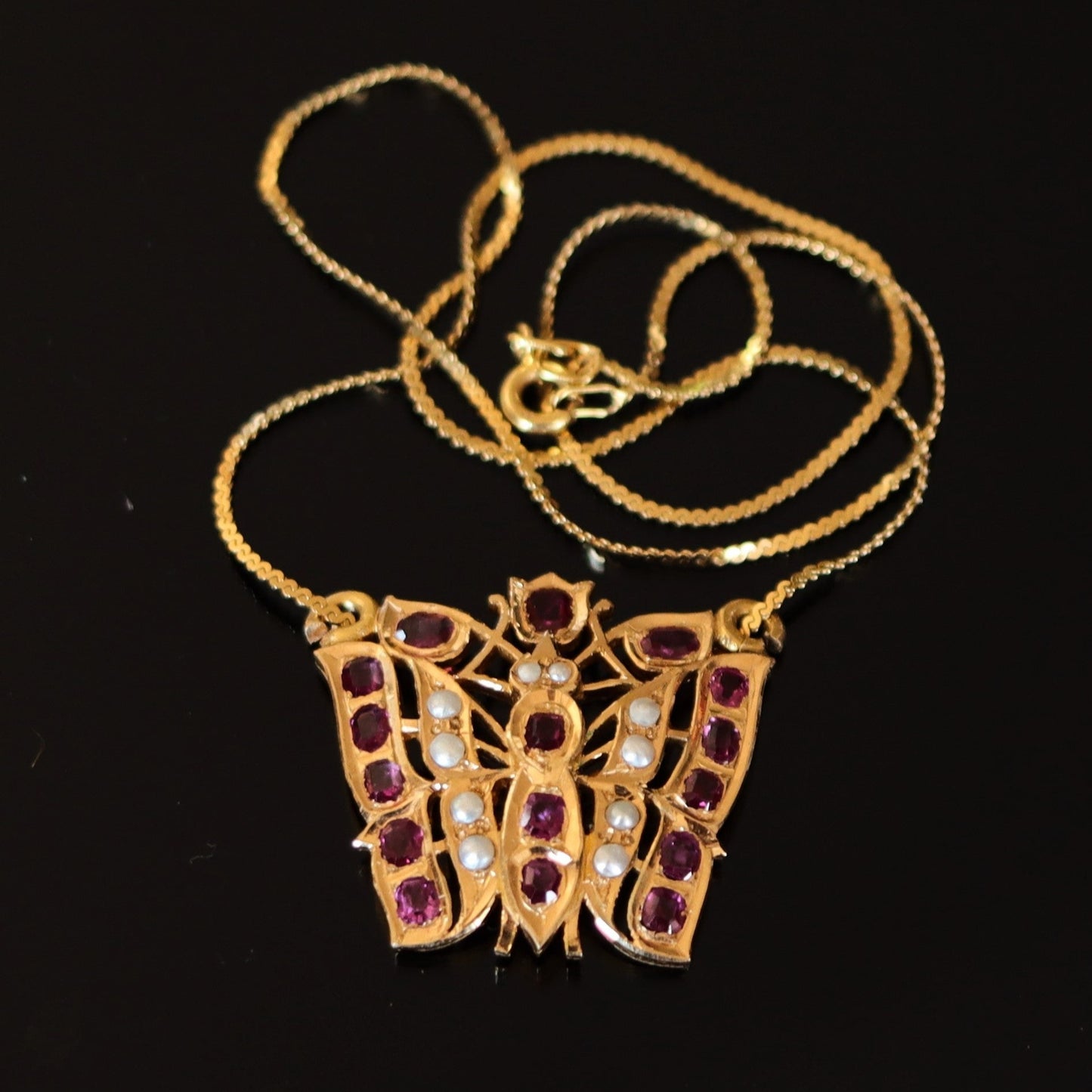 Vintage Hand Crafted 14k Gold Ruby and Seed Pearl Butterfly Pendant - Italian 14k Chain