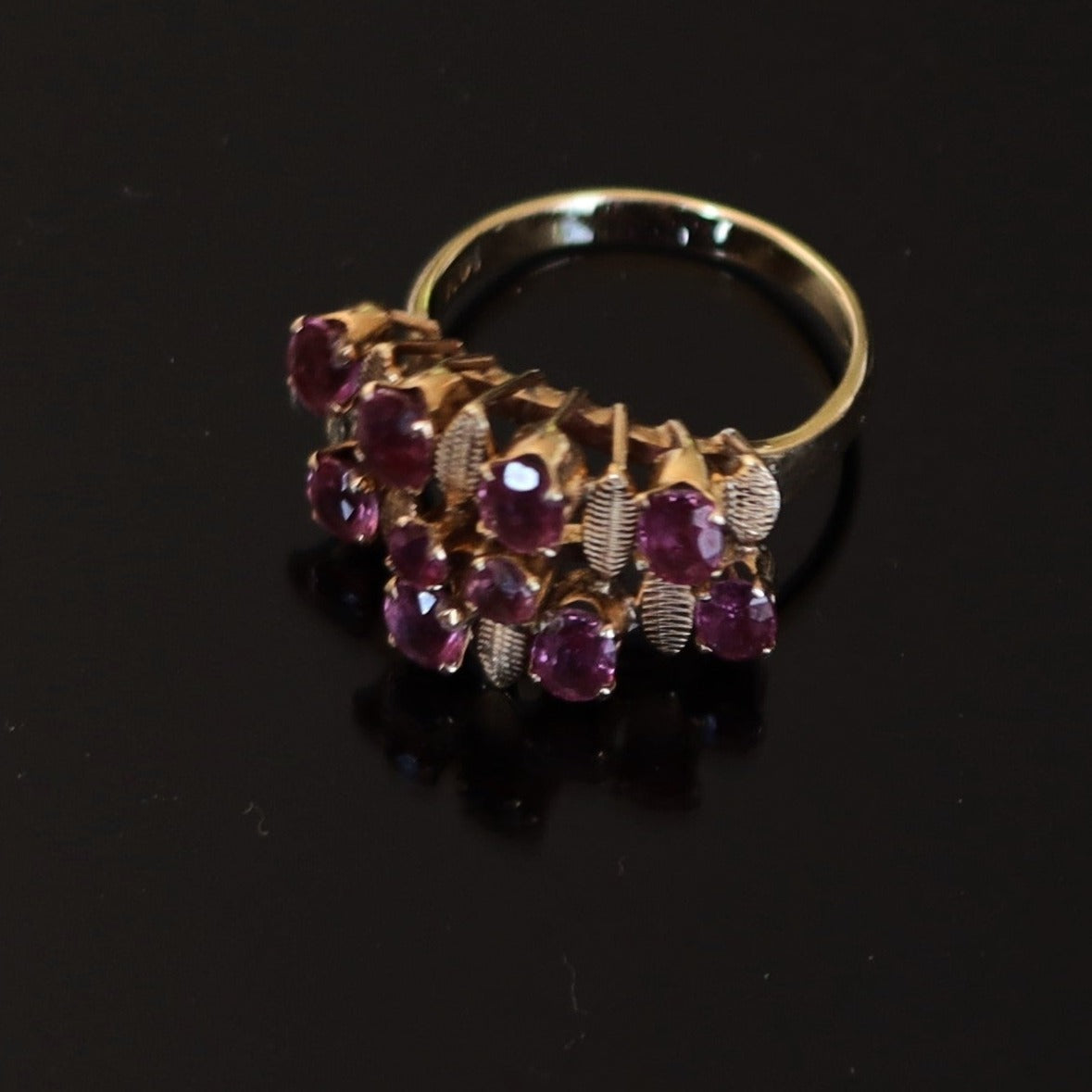 Mid Century Modern 14k Gold 1970's Ruby Cluster Statement Cocktail Ring sz 5.25