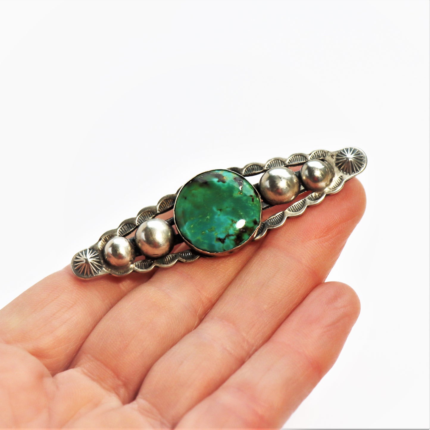 Vintage Navajo Pearl c1950 sterling silver Turquoise Harvey era Large Bar Brooch