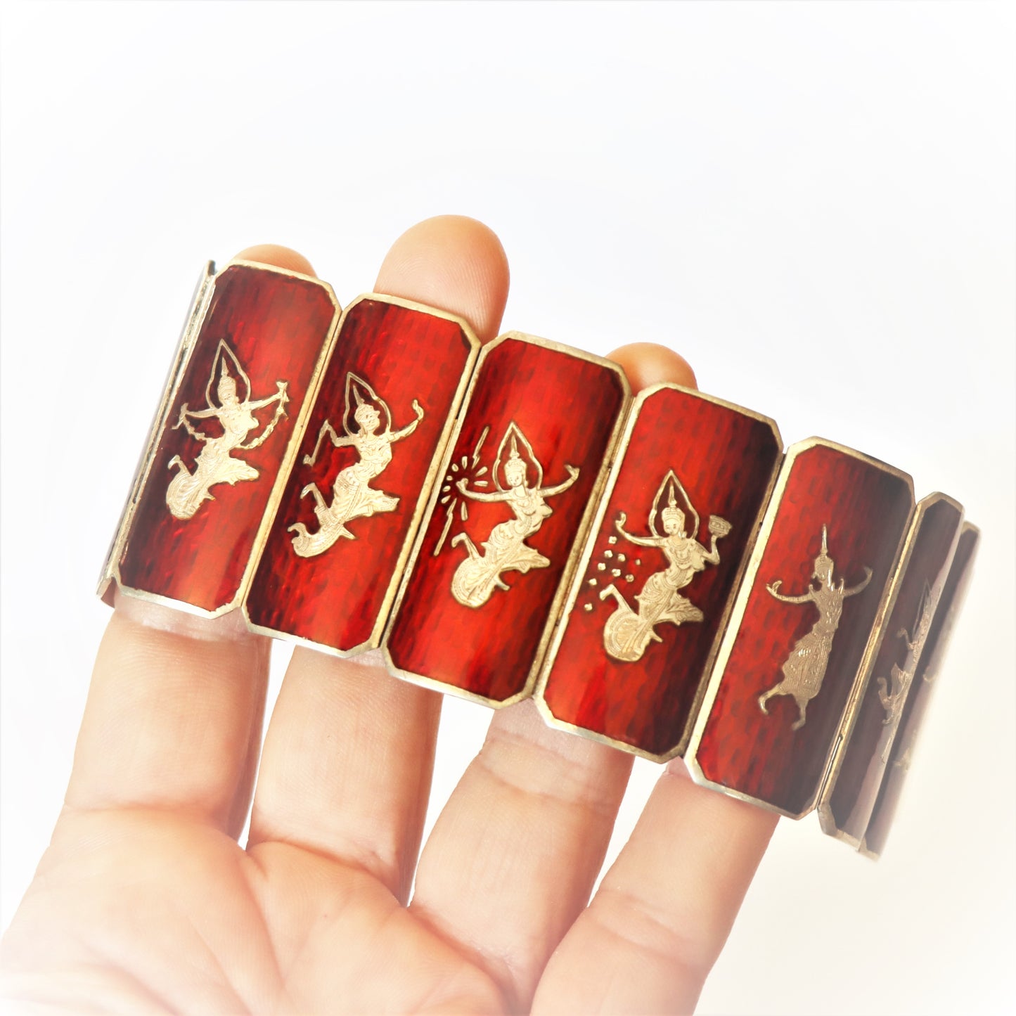 Gorgeous Thai Siam Sterling Silver Red Translucent Enamel Wide Statement Panel Bracelet Cuff