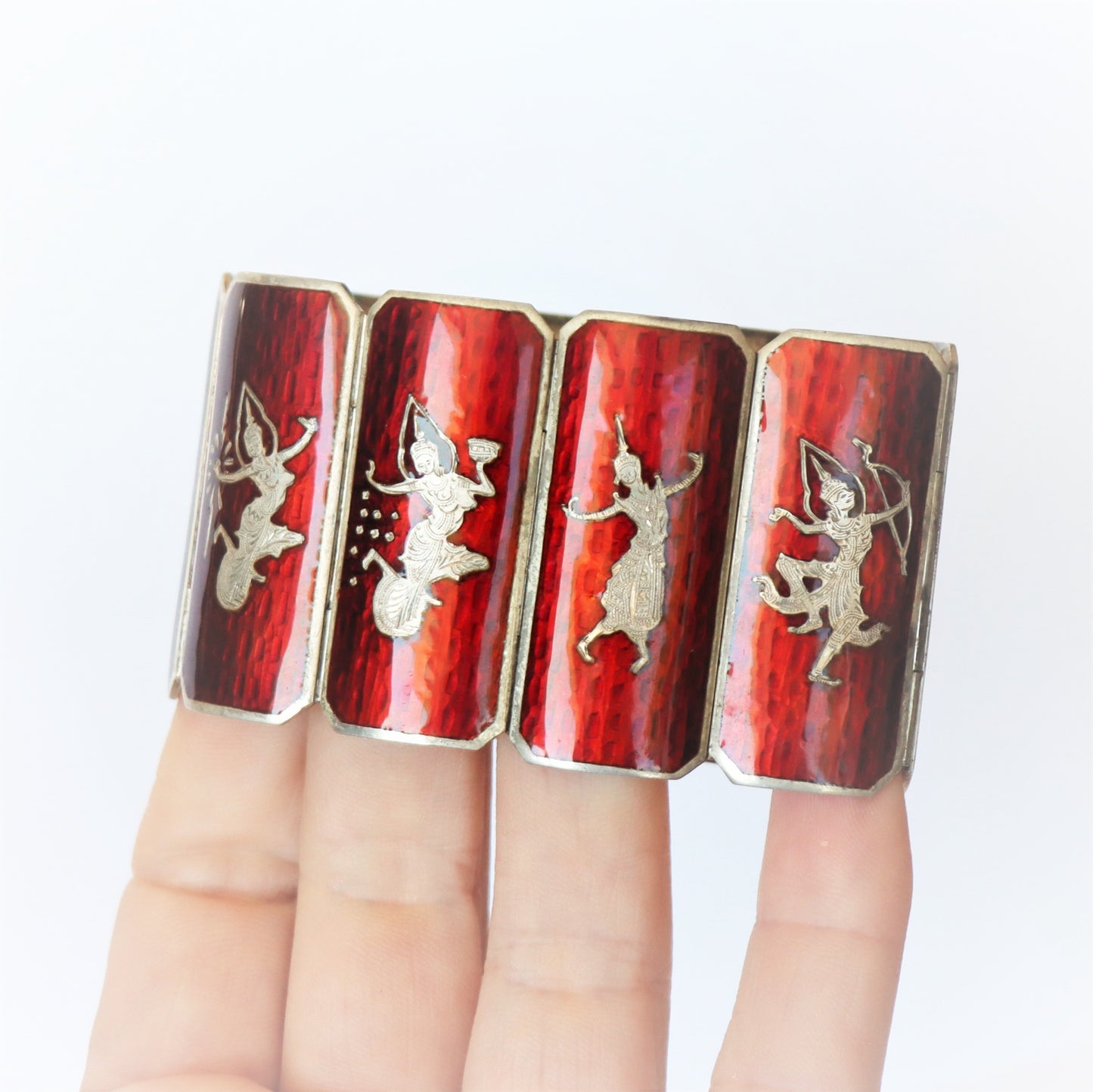 Gorgeous Thai Siam Sterling Silver Red Translucent Enamel Wide Statement Panel Bracelet Cuff