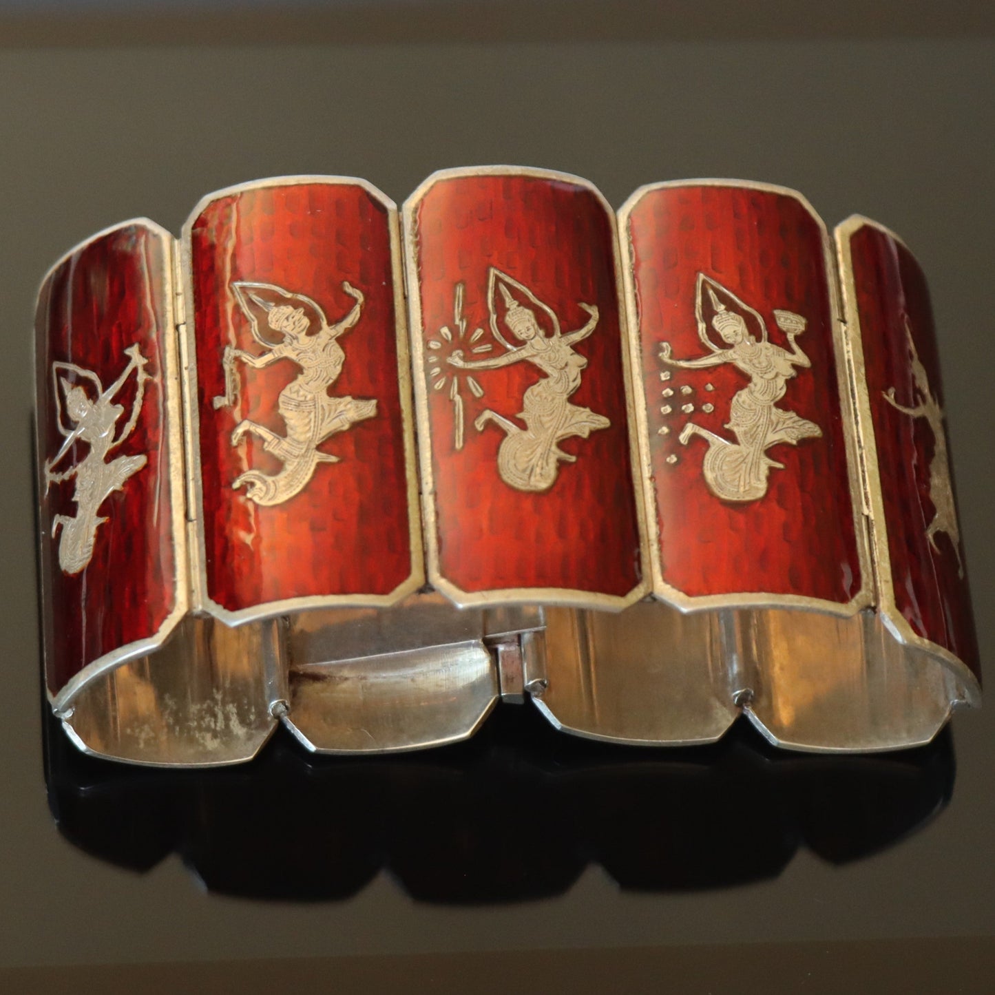 Gorgeous Thai Siam Sterling Silver Red Translucent Enamel Wide Statement Panel Bracelet Cuff