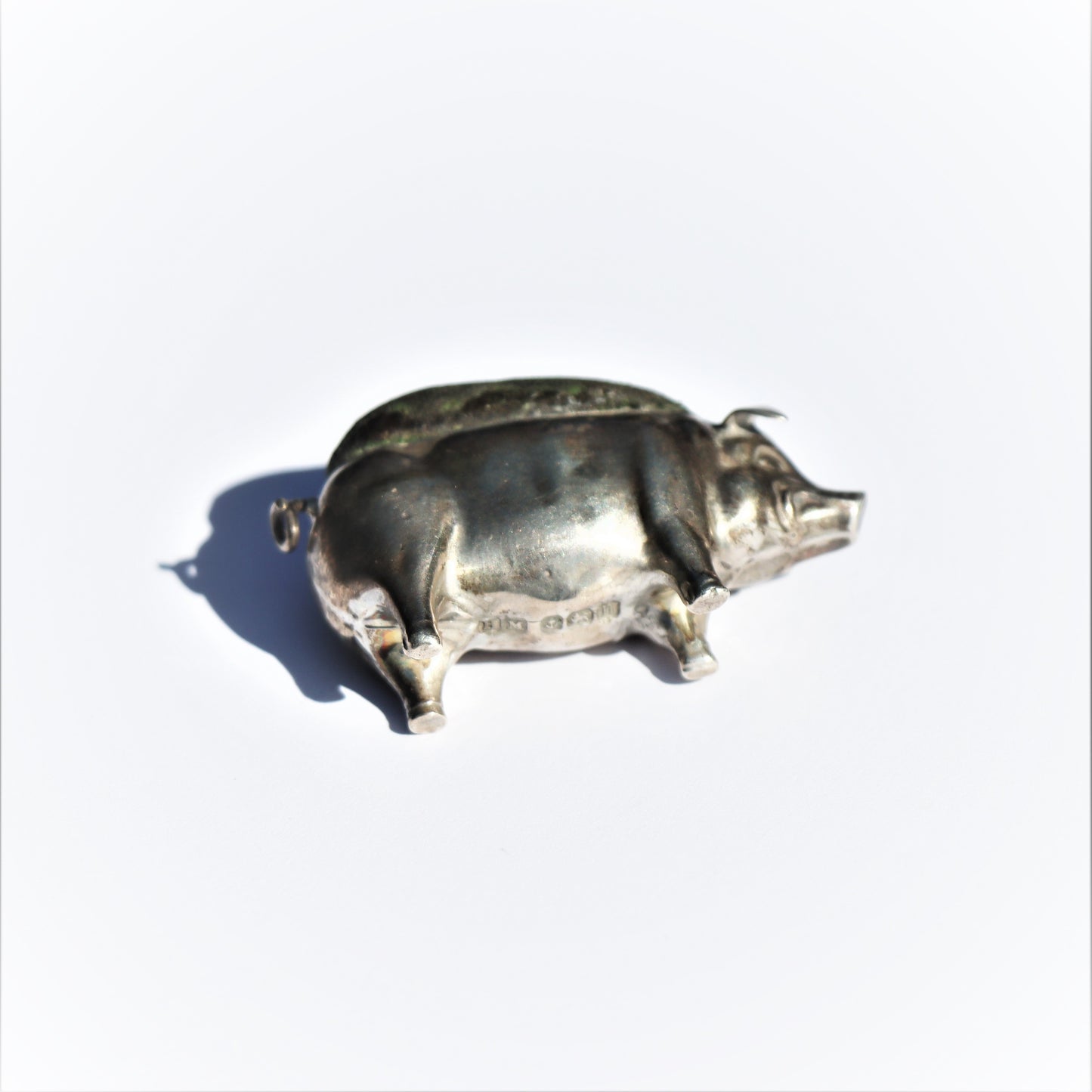 Antique British Sterling Silver Figural Pig Sewing Pin Cushion Henry Matthews c1912