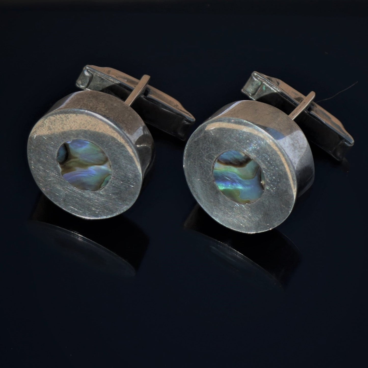 Mid Century Modern Sterling Silver Taxco Abalone Inlay Cufflinks c1970 Signed