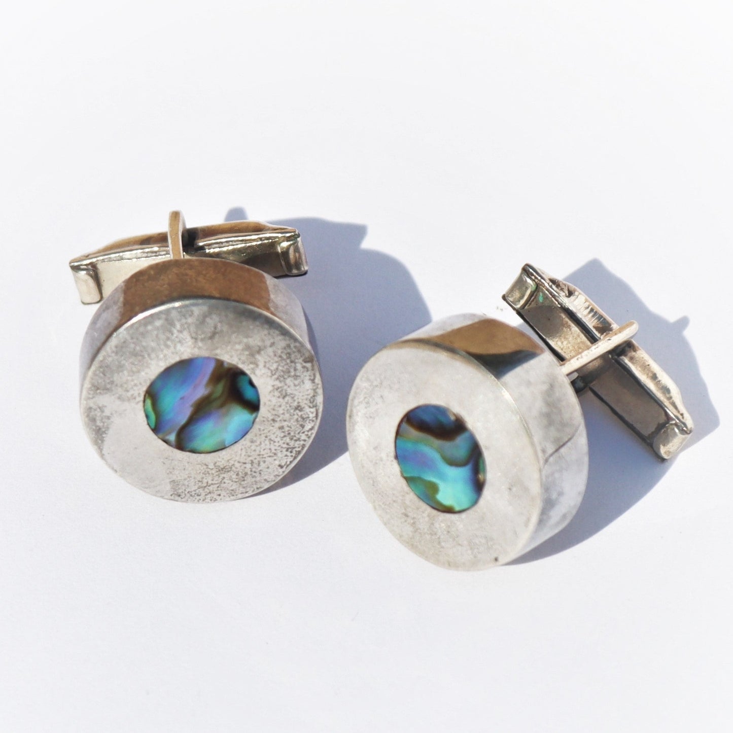 Mid Century Modern Sterling Silver Taxco Abalone Inlay Cufflinks c1970 Signed