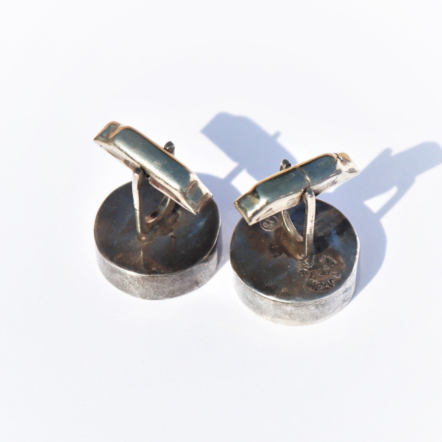 Mid Century Modern Sterling Silver Taxco Abalone Inlay Cufflinks c1970 Signed
