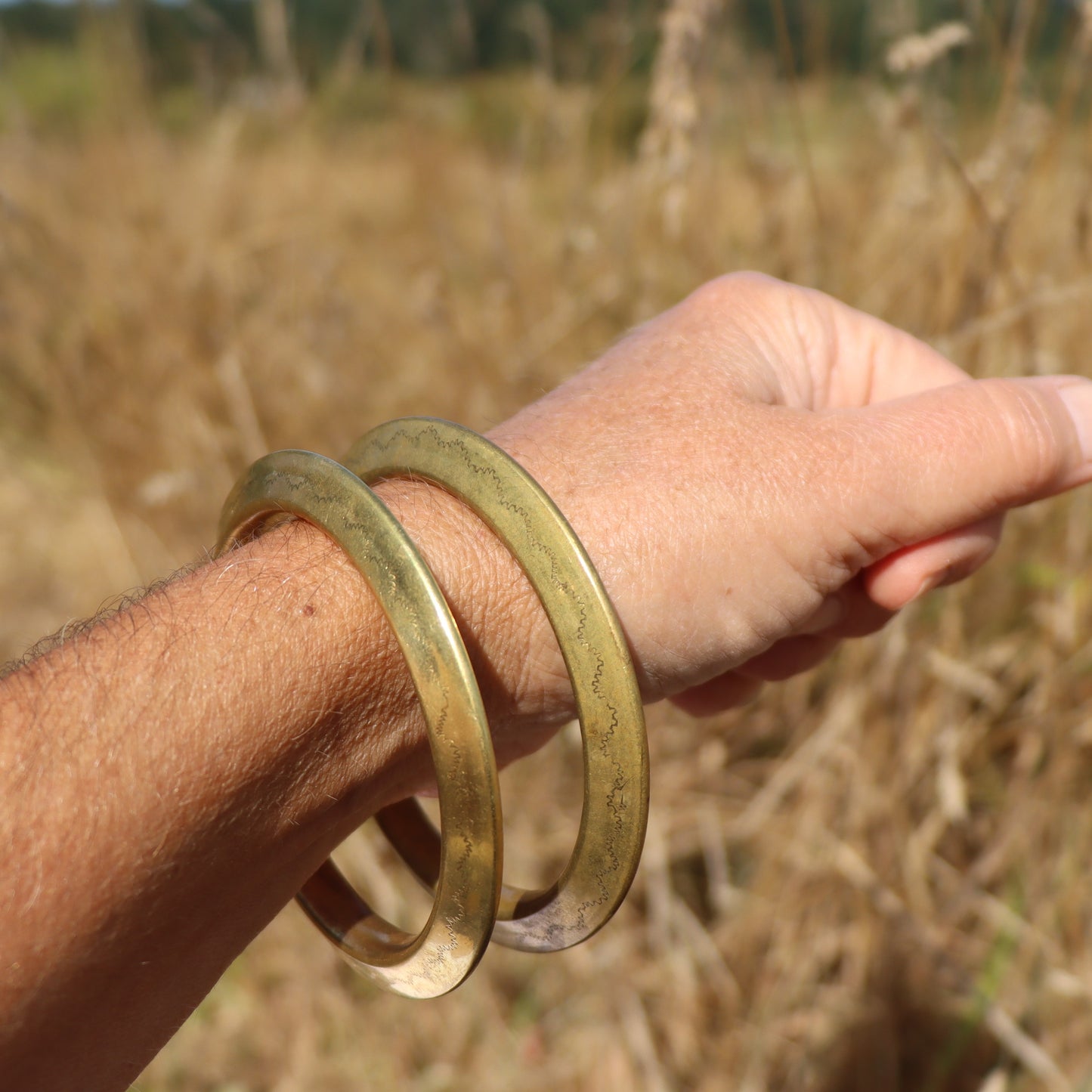 Vintage Hollow Large Engraved Brass Pair Tribal Stacking Bangle Bracelets