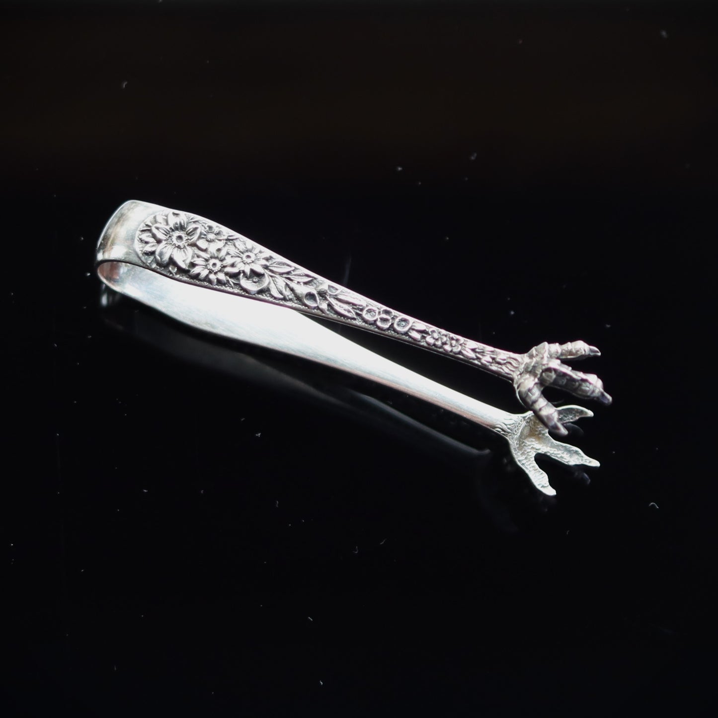 True Vintage Kirk & Son Sterling Silver Repousse Floral Pattern Sugar Tongs