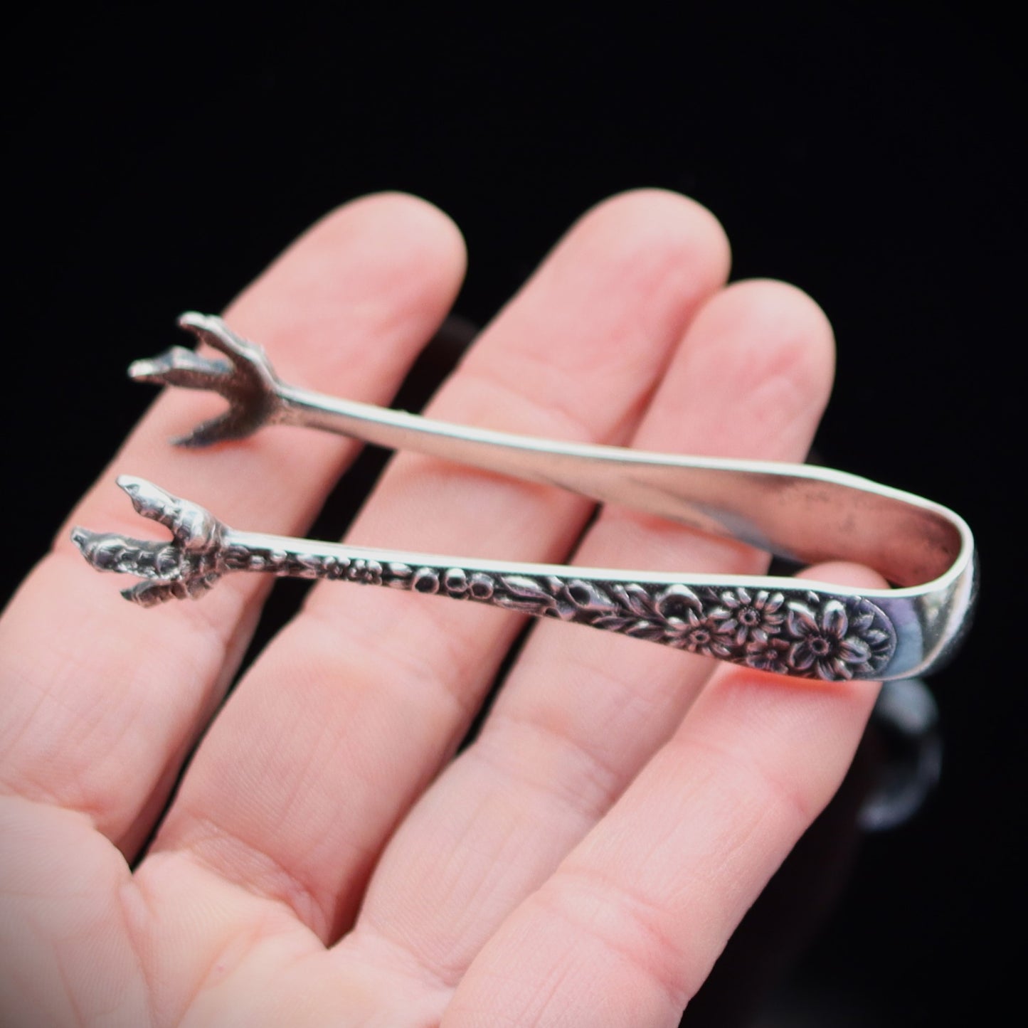 True Vintage Kirk & Son Sterling Silver Repousse Floral Pattern Sugar Tongs