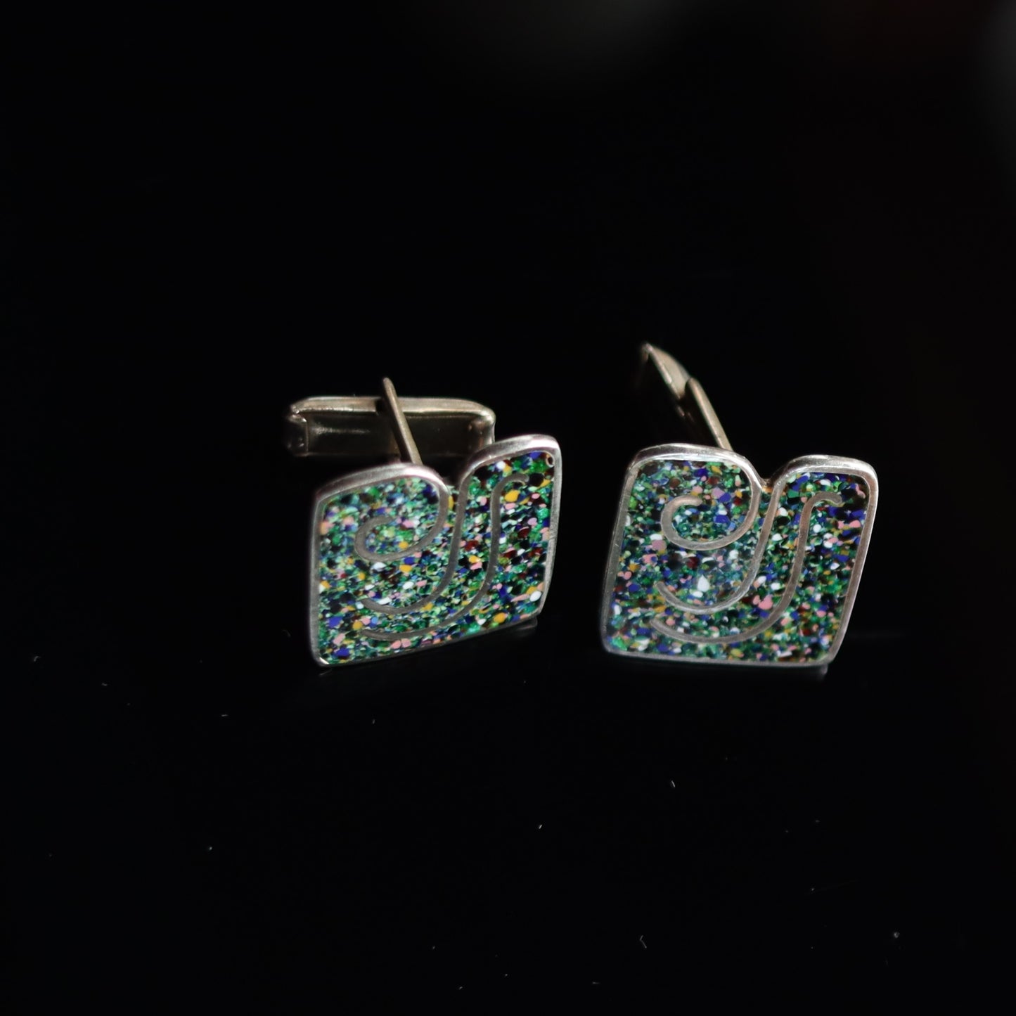 Mid Century Mod Margot de Taxco Sterling Silver Confetti Enamel Cufflinks