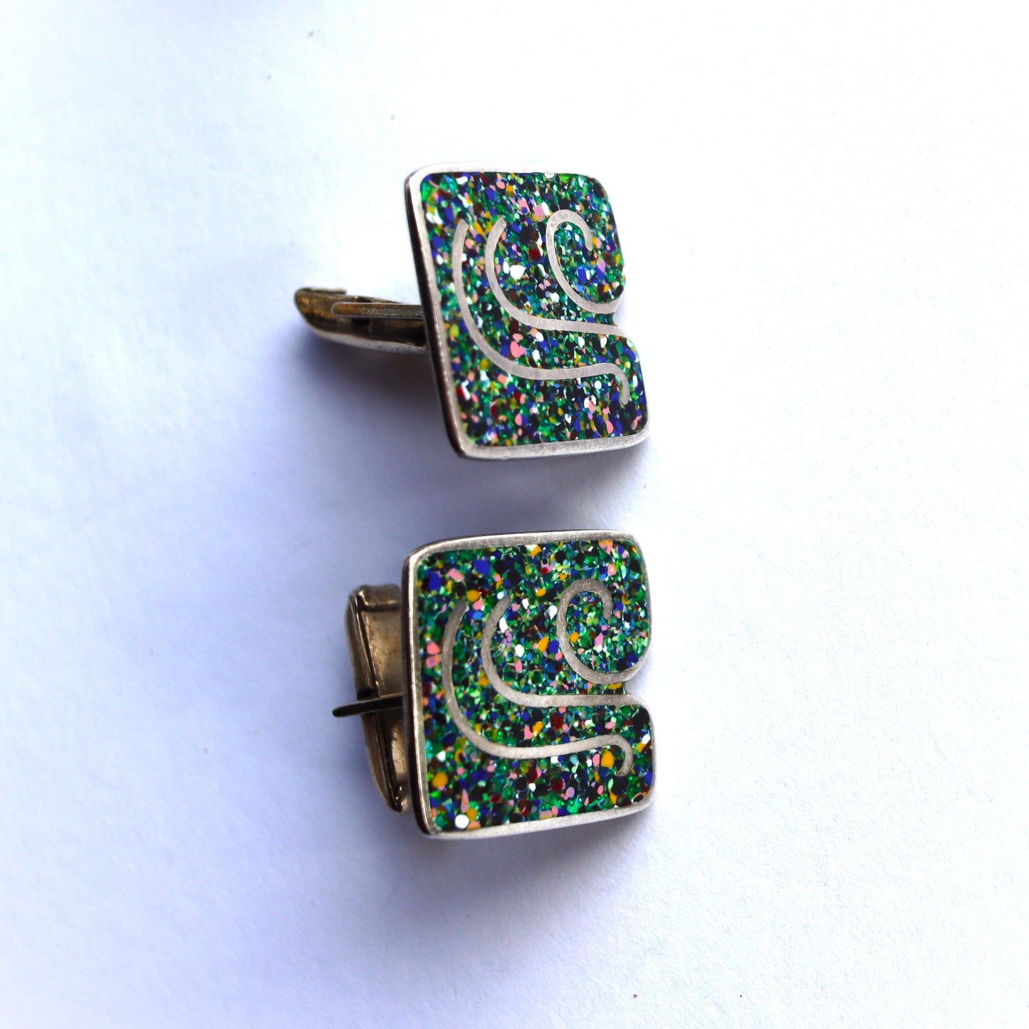 Mid Century Mod Margot de Taxco Sterling Silver Confetti Enamel Cufflinks